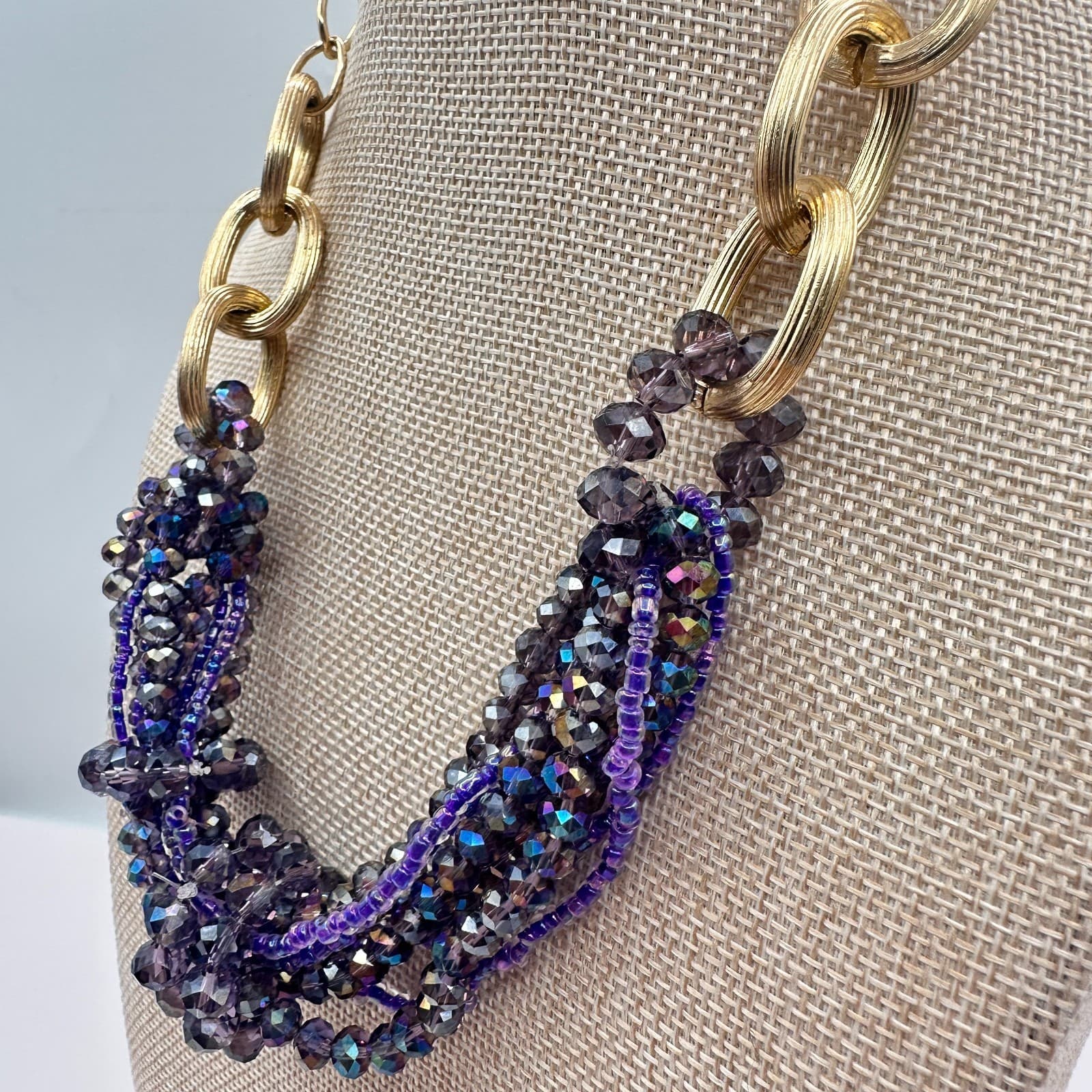 Vintage Y2K Gold Tone Iridescent Beaded Multi-Strand Statement Necklace Jewelry - Thumbnail 8