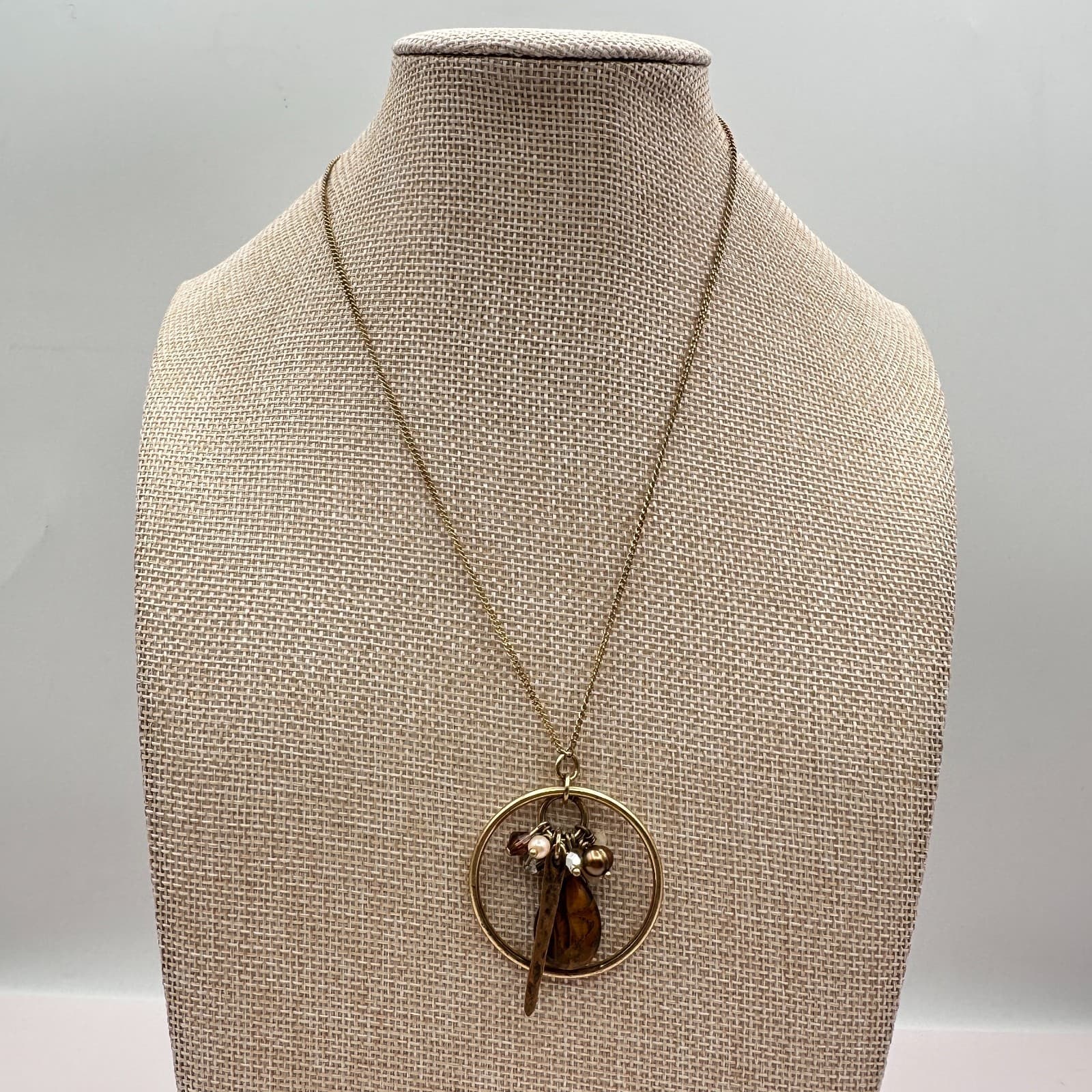Vintage 90s Gold Tone Hoop Charm Necklace Brown Agate Stone Glass Pearl Jewelry - Thumbnail 2