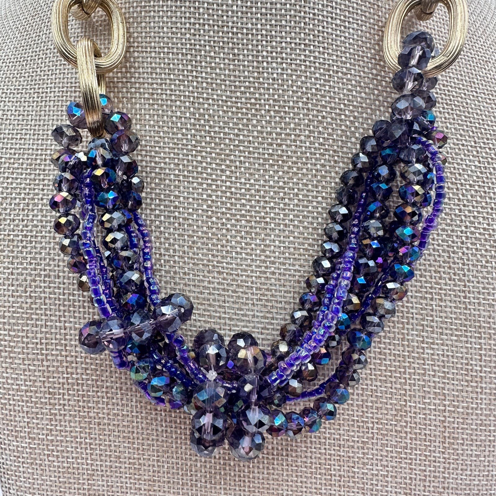 Vintage Y2K Gold Tone Iridescent Beaded Multi-Strand Statement Necklace Jewelry - Thumbnail 2