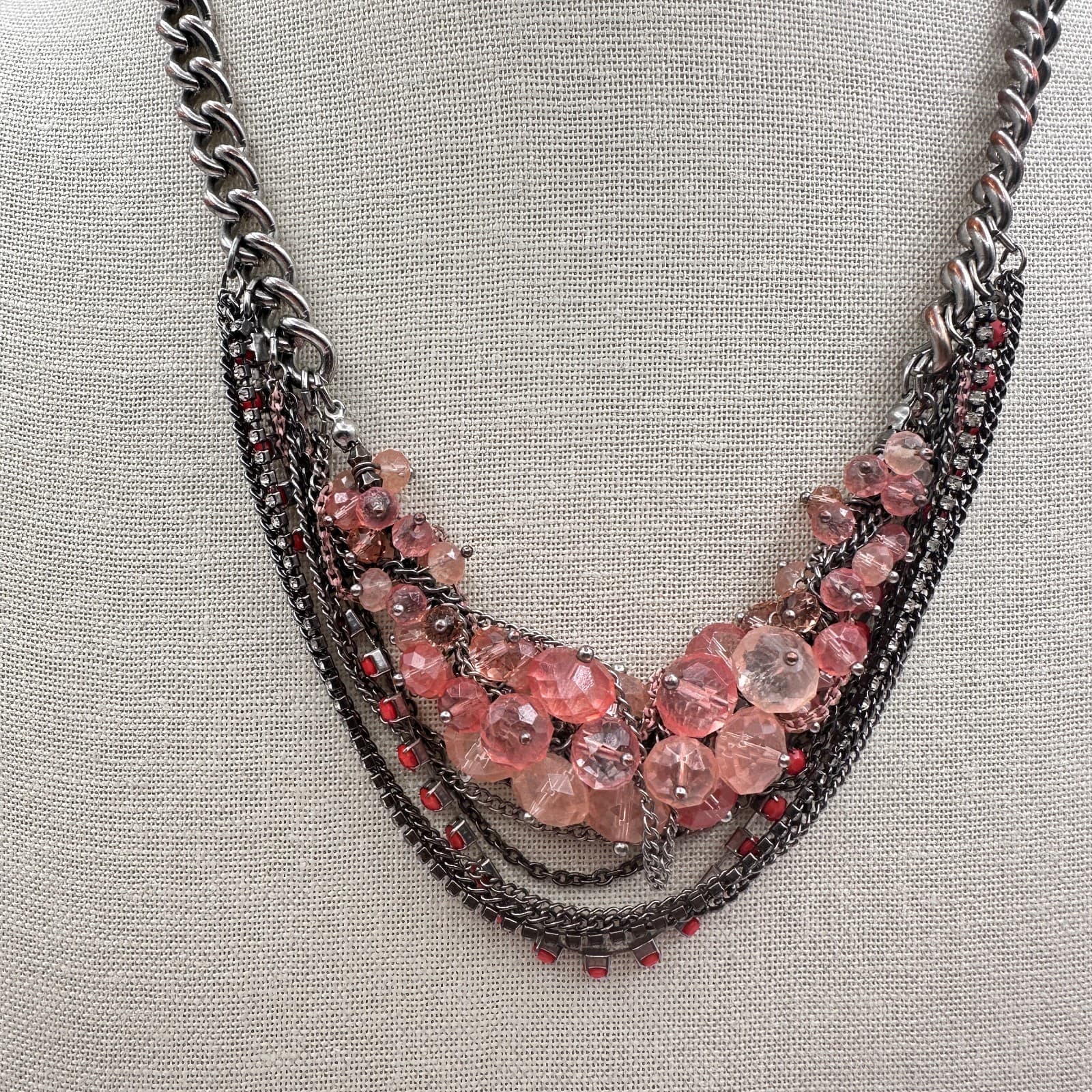 Vintage Y2K Multi-Strand Statement Necklace Rhinestone Beaded Silver Tone Chain - Thumbnail 2