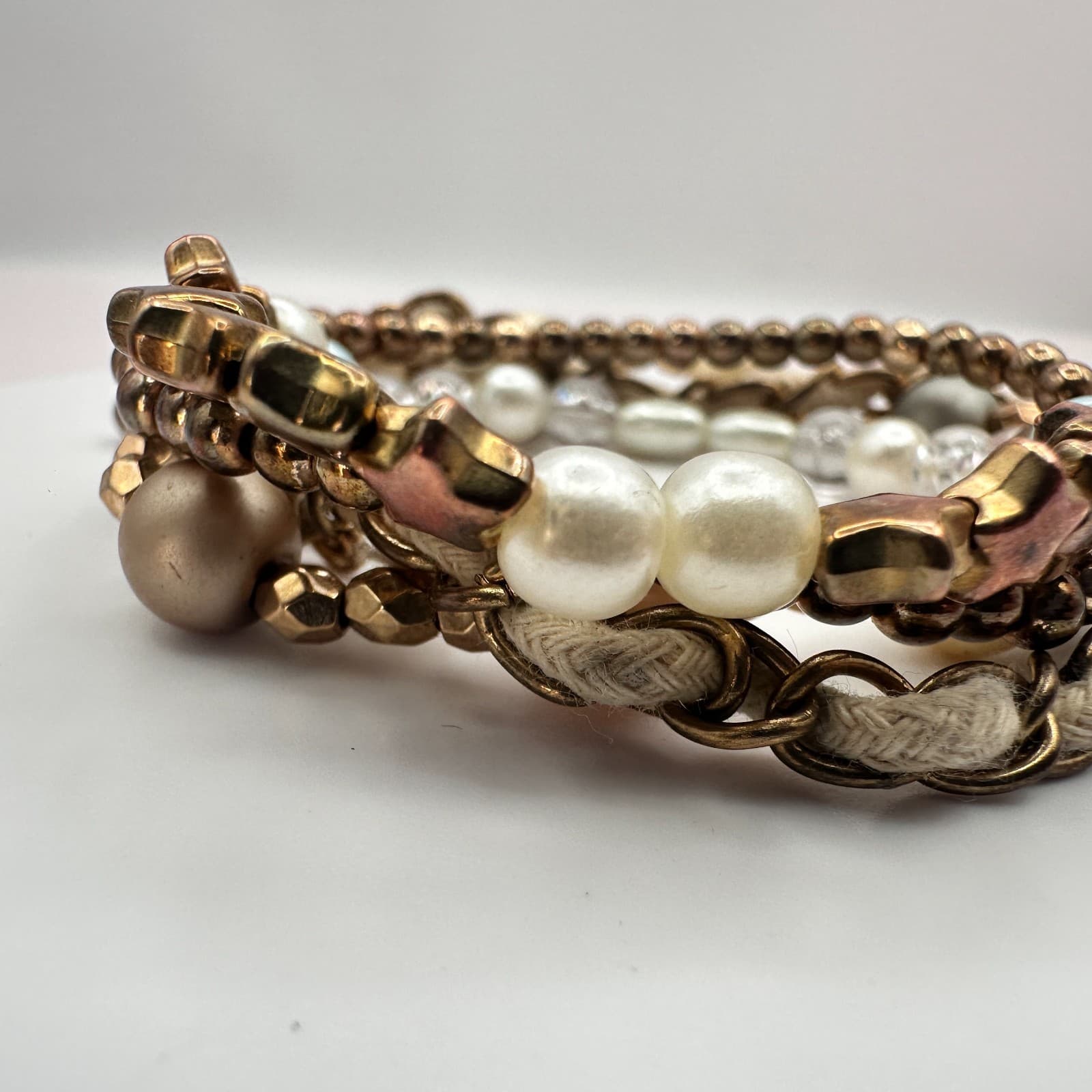 Vintage 90s Gold Tone Faux Pearl Glass Star Bead Bracelets Set Boho Stackable - Thumbnail 2