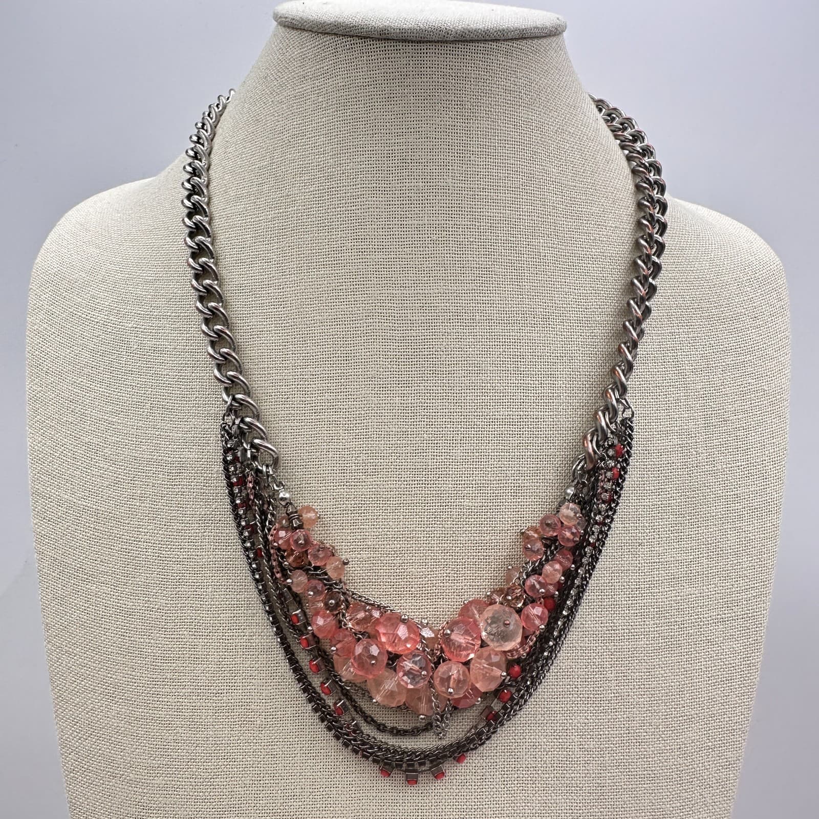 Vintage Y2K Multi-Strand Statement Necklace Rhinestone Beaded Silver Tone Chain - Thumbnail 6