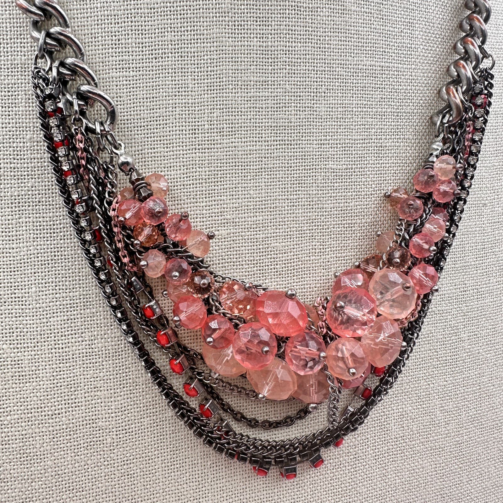 Vintage Y2K Multi-Strand Statement Necklace Rhinestone Beaded Silver Tone Chain - Thumbnail 3