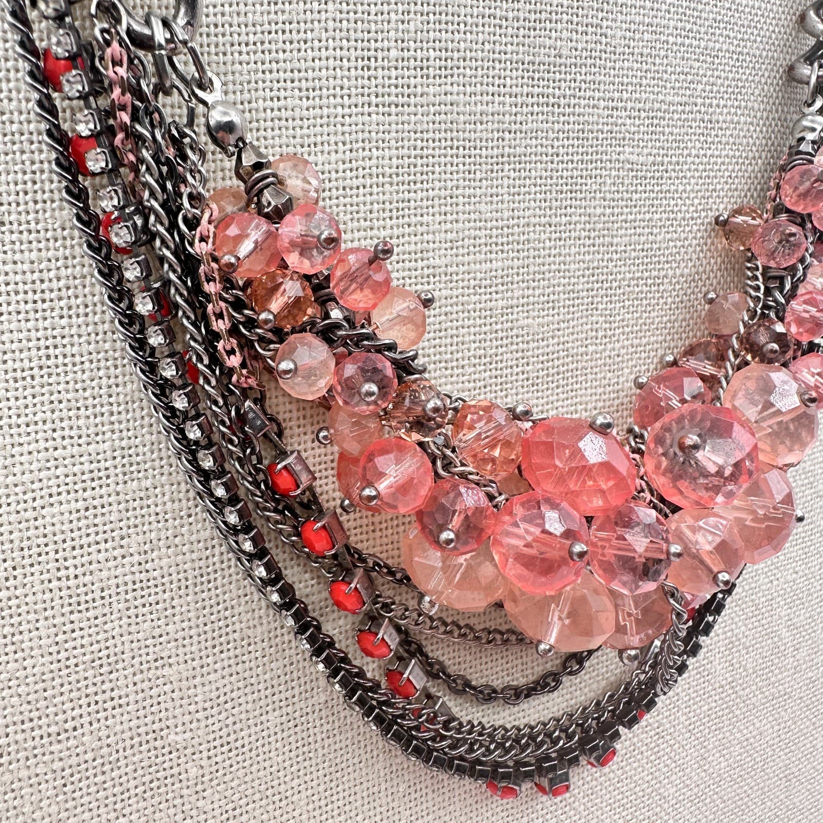 Vintage Y2K Multi-Strand Statement Necklace Rhinestone Beaded Silver Tone Chain - Thumbnail 4