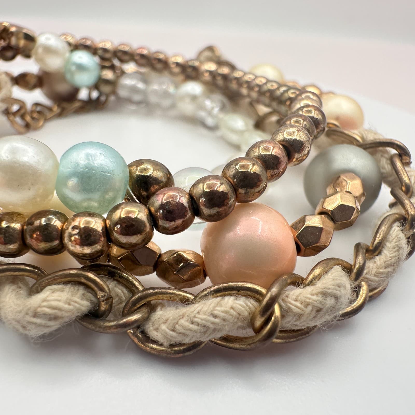 Vintage 90s Gold Tone Faux Pearl Glass Star Bead Bracelets Set Boho Stackable - Thumbnail 4