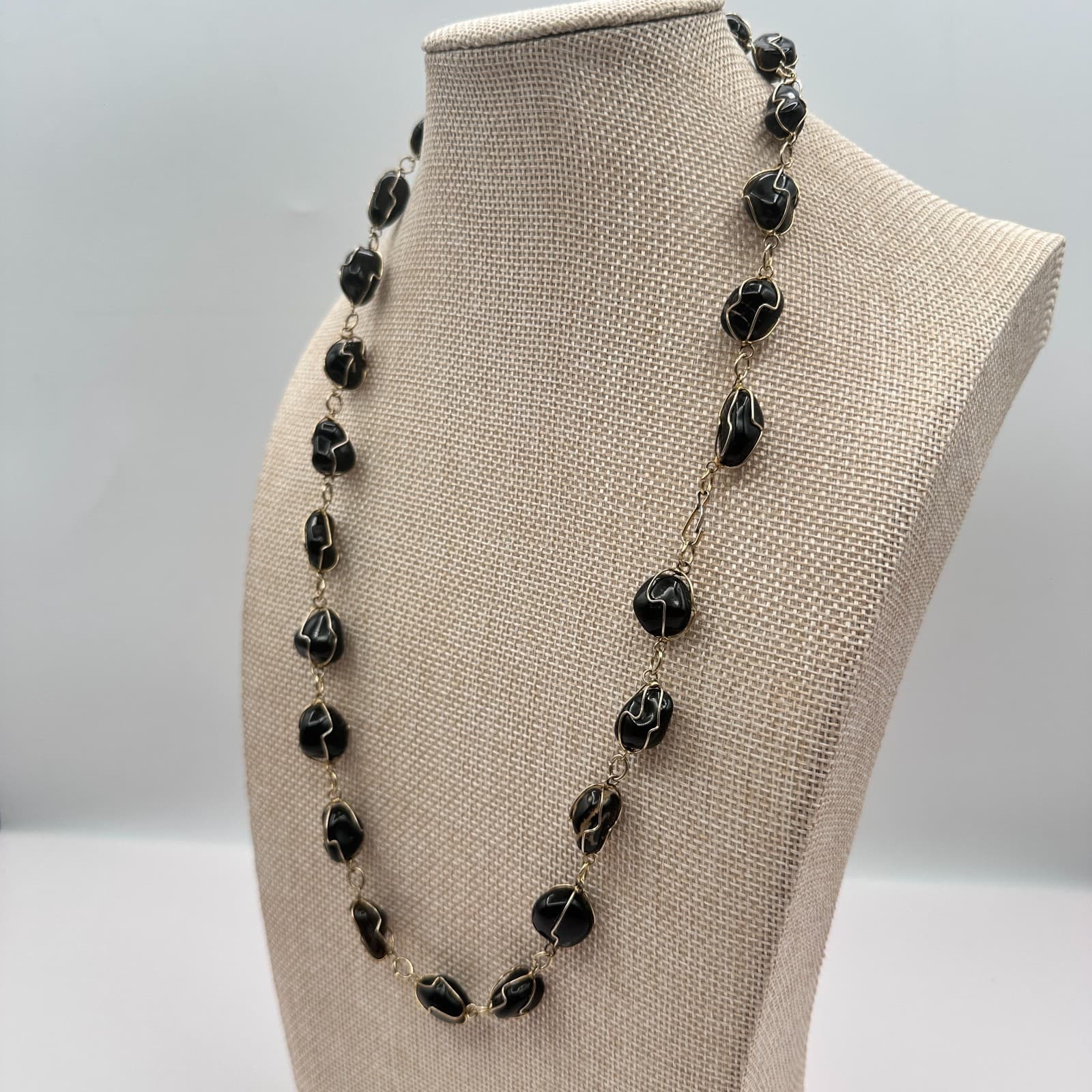 Vintage Y2K Gold Tone Black Stone Wire Wrapped Necklace Women's Classic Jewelry - Thumbnail 7