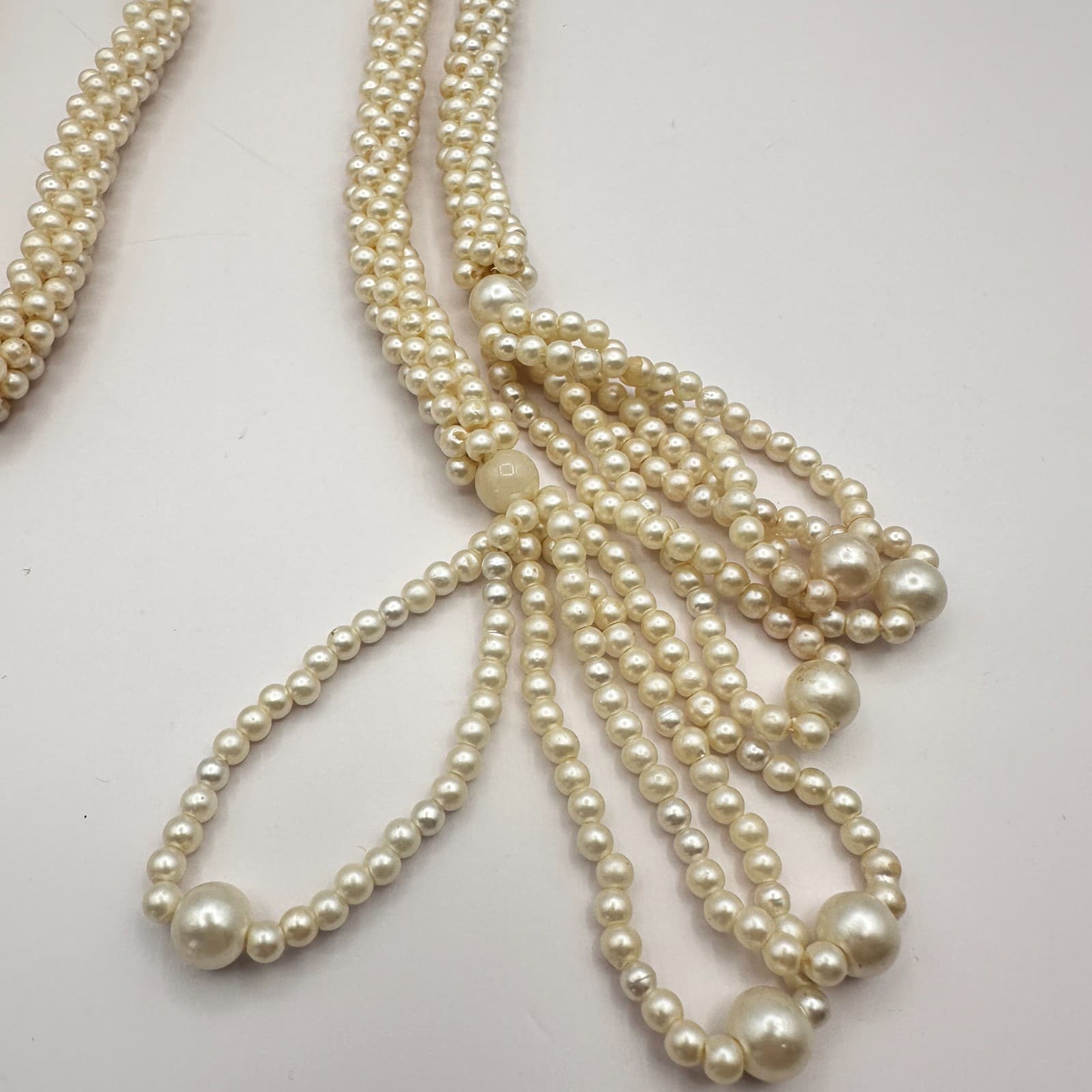 Vintage 90s Faux Pearl Lariat Necklace Woven Seed Beaded Women's Classic Jewelry - Thumbnail 2
