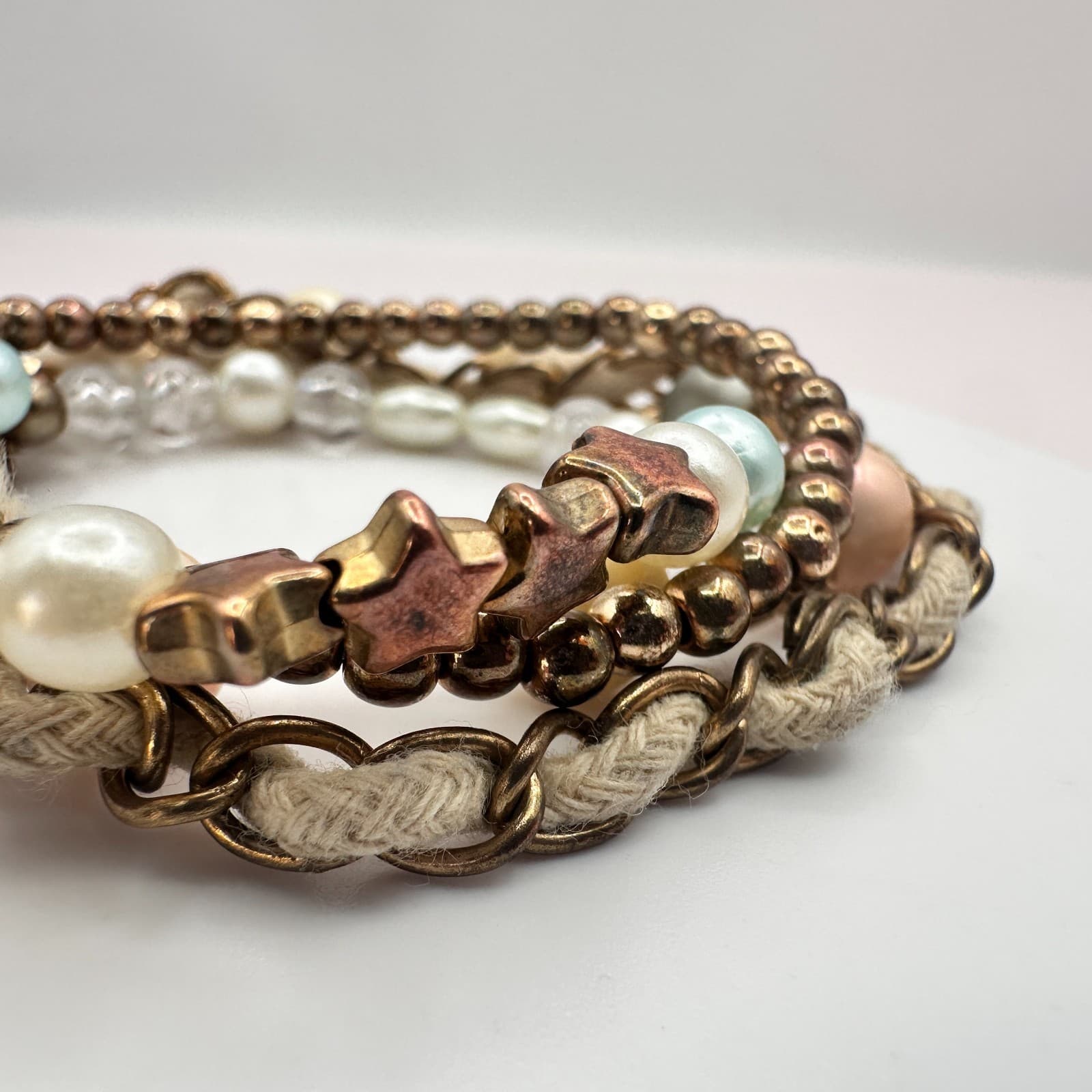 Vintage 90s Gold Tone Faux Pearl Glass Star Bead Bracelets Set Boho Stackable - Thumbnail 3