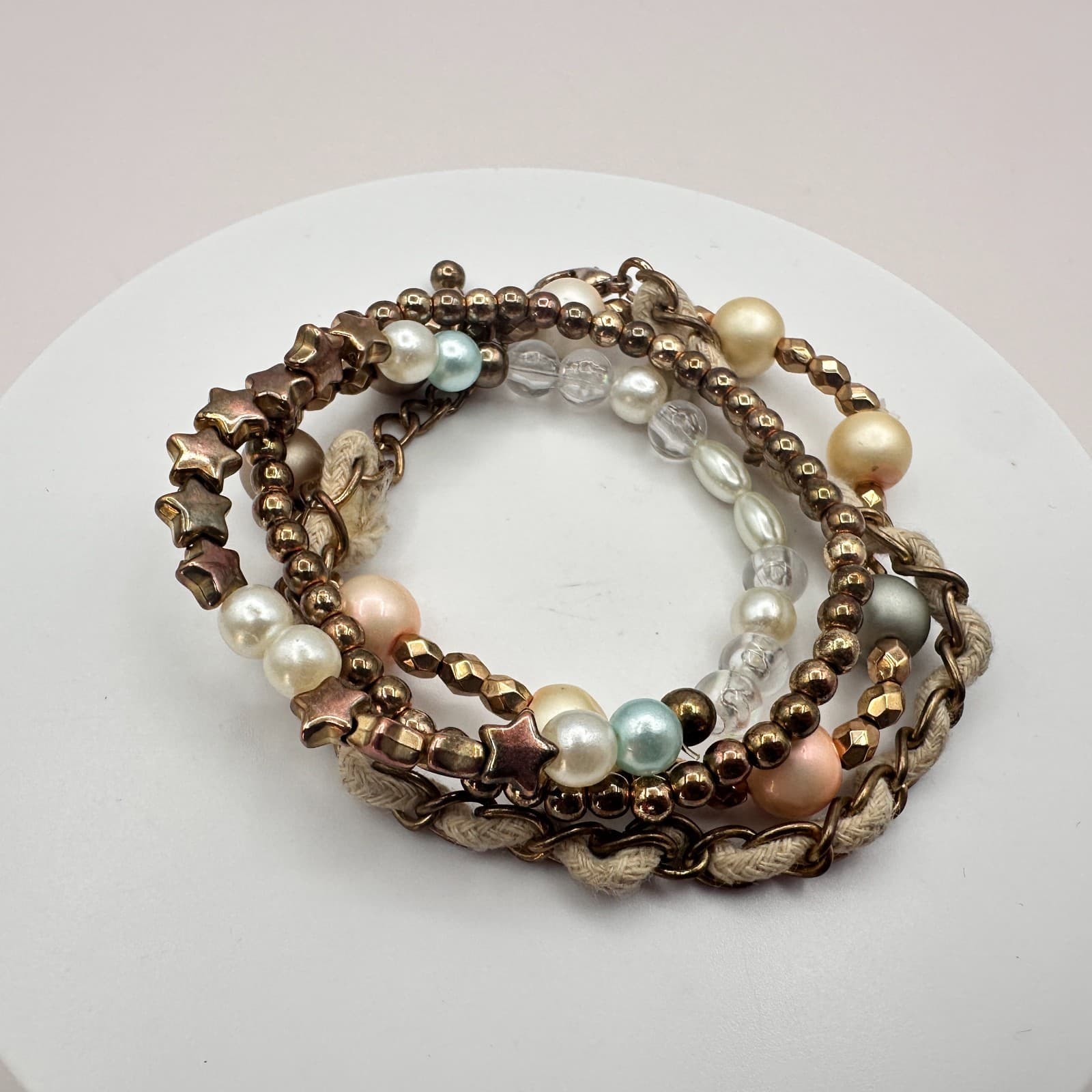 Vintage 90s Gold Tone Faux Pearl Glass Star Bead Bracelets Set Boho Stackable - Thumbnail 6