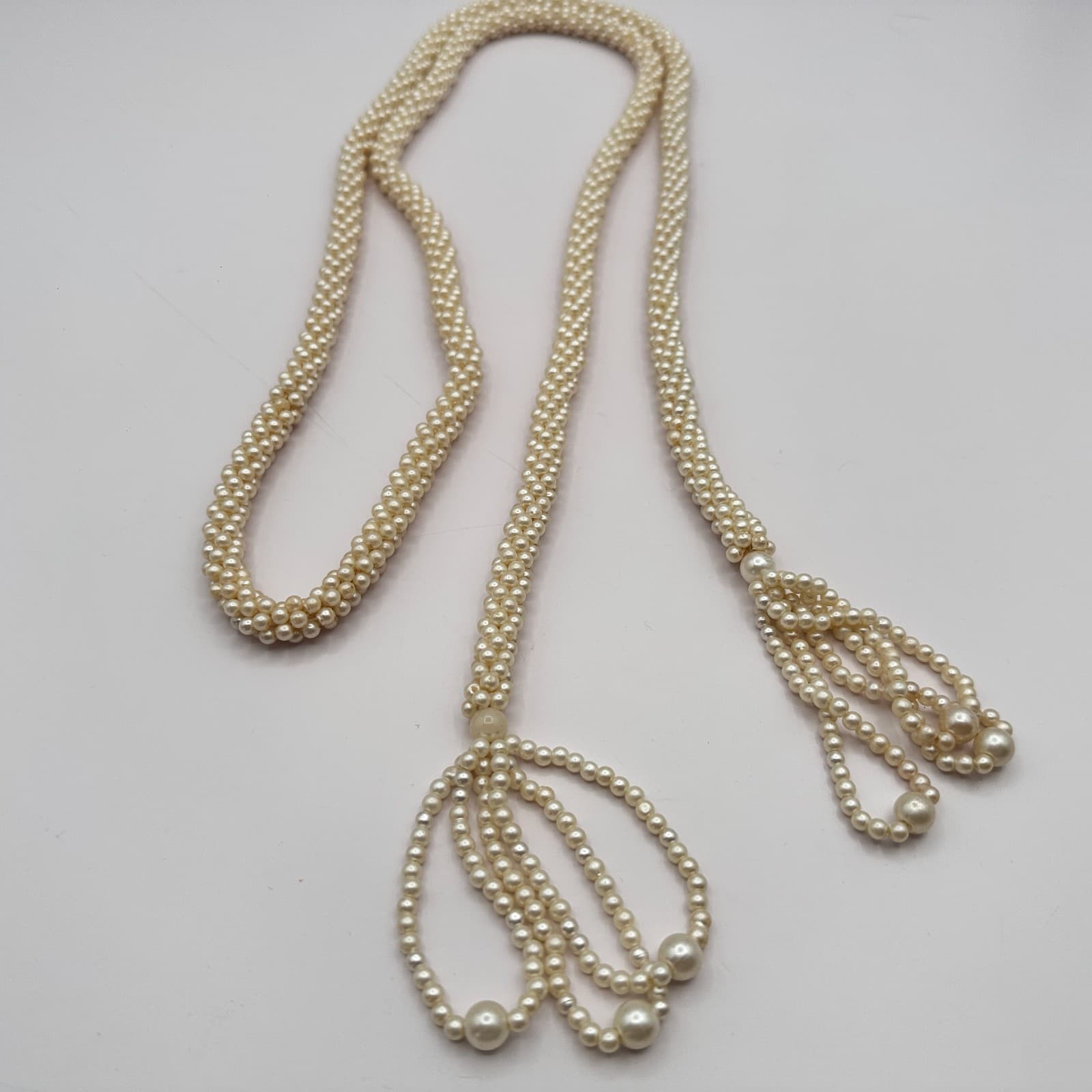 Vintage 90s Faux Pearl Lariat Necklace Woven Seed Beaded Women's Classic Jewelry - Thumbnail 7