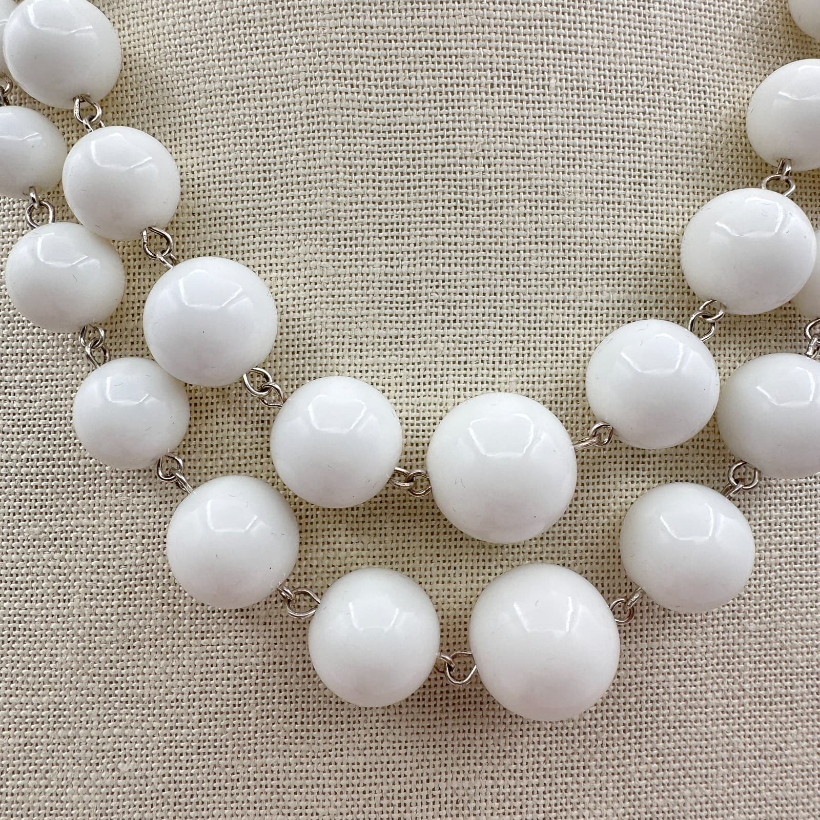 Vintage Y2K Silver Tone White Double Strand Beaded Necklace Statement Jewelry - Thumbnail 2