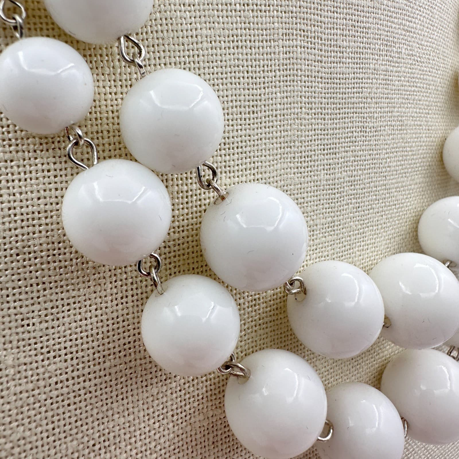 Vintage Y2K Silver Tone White Double Strand Beaded Necklace Statement Jewelry - Thumbnail 3