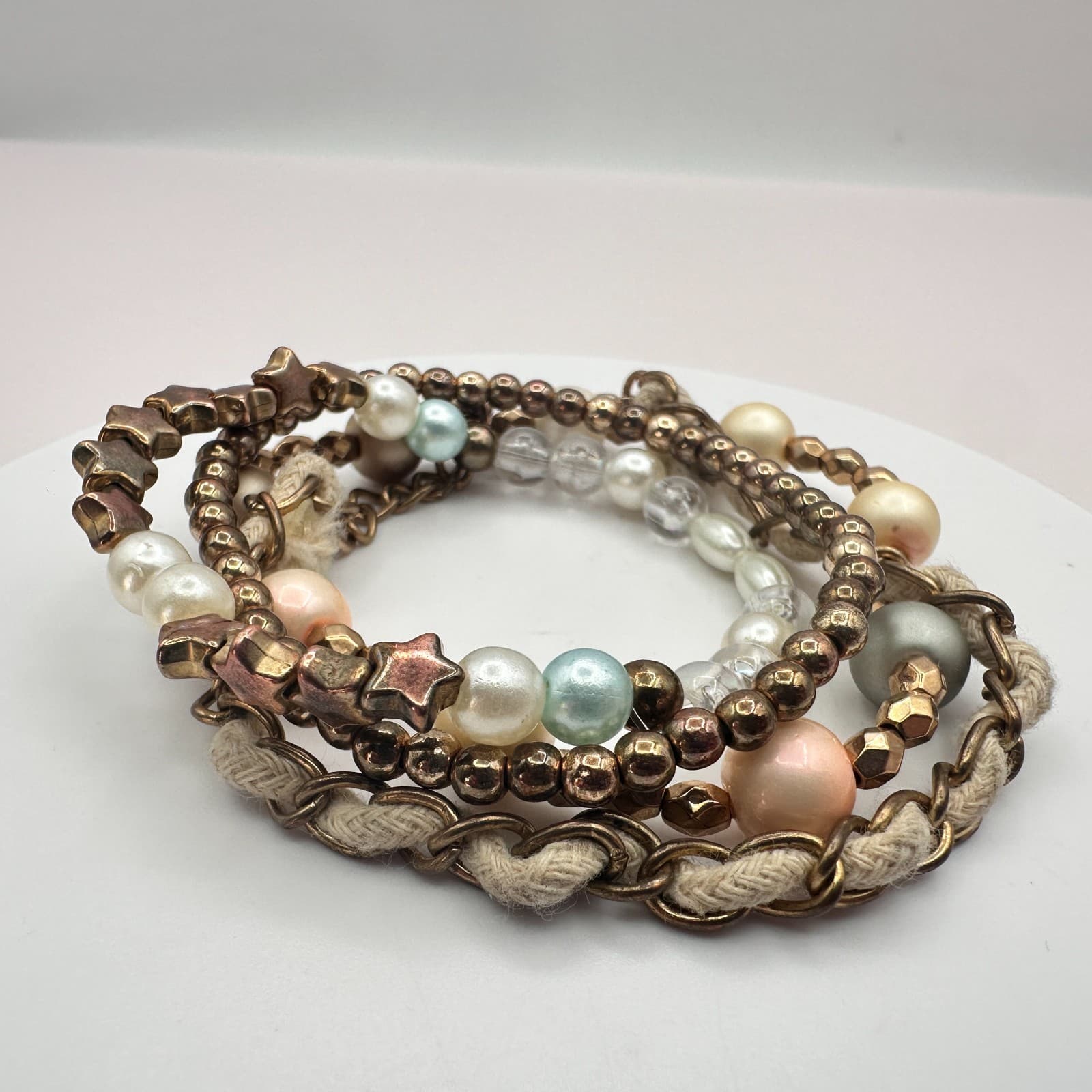 Vintage 90s Gold Tone Faux Pearl Glass Star Bead Bracelets Set Boho Stackable - Thumbnail 5