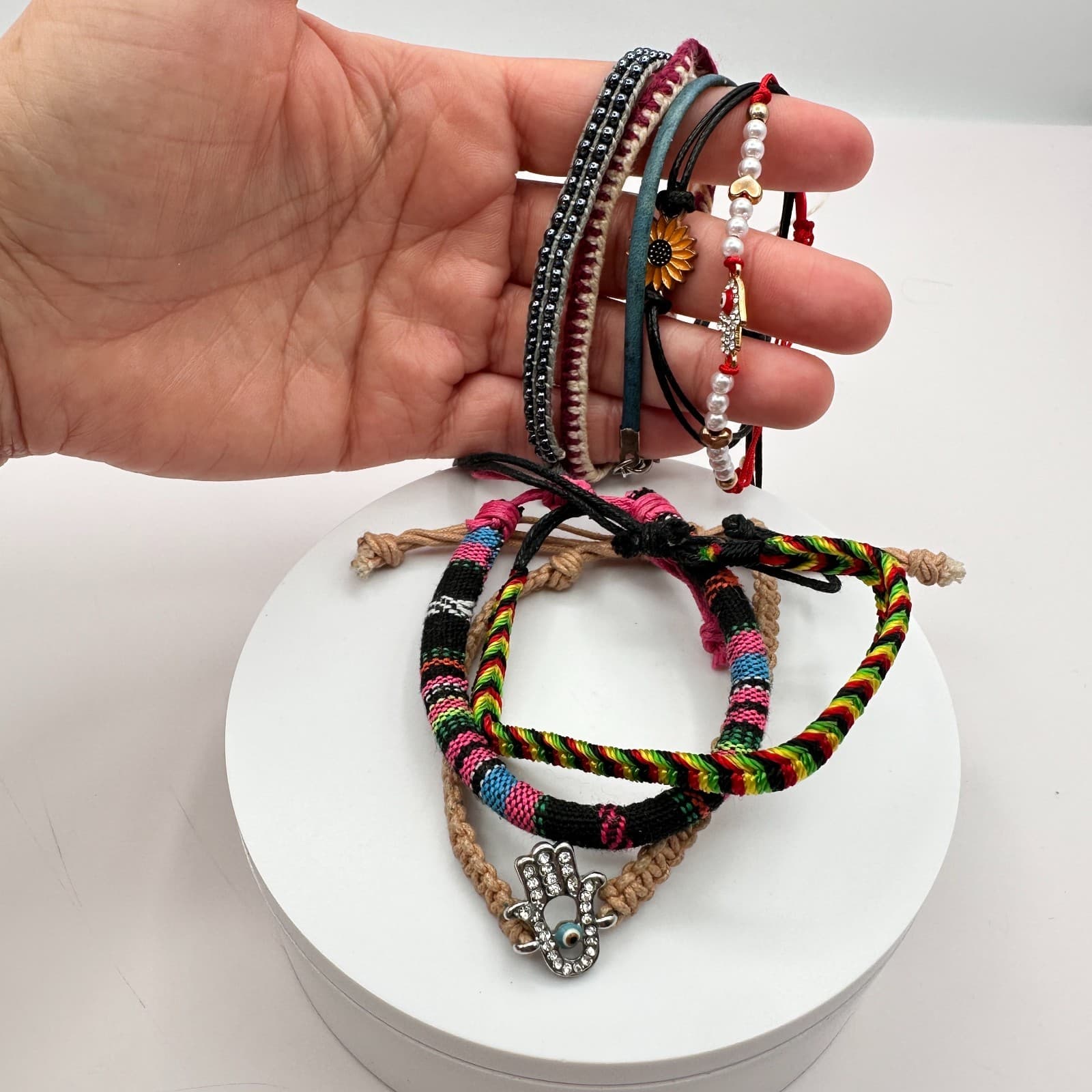 Vintage Y2K Boho Bracelets Set Macrame Hamsa Evil Eye Sunflower Women's Jewelry - Thumbnail 7
