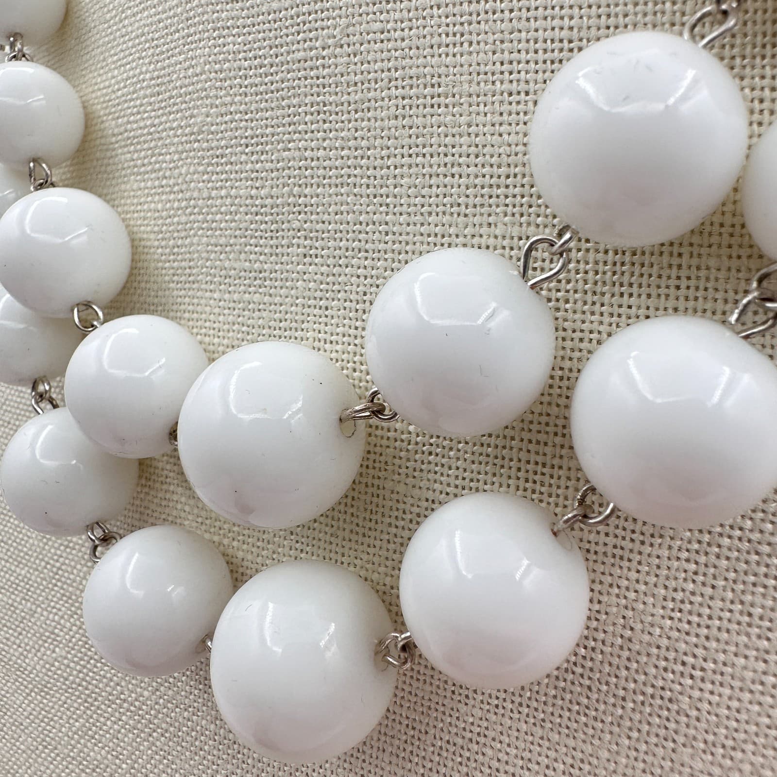 Vintage Y2K Silver Tone White Double Strand Beaded Necklace Statement Jewelry - Thumbnail 6