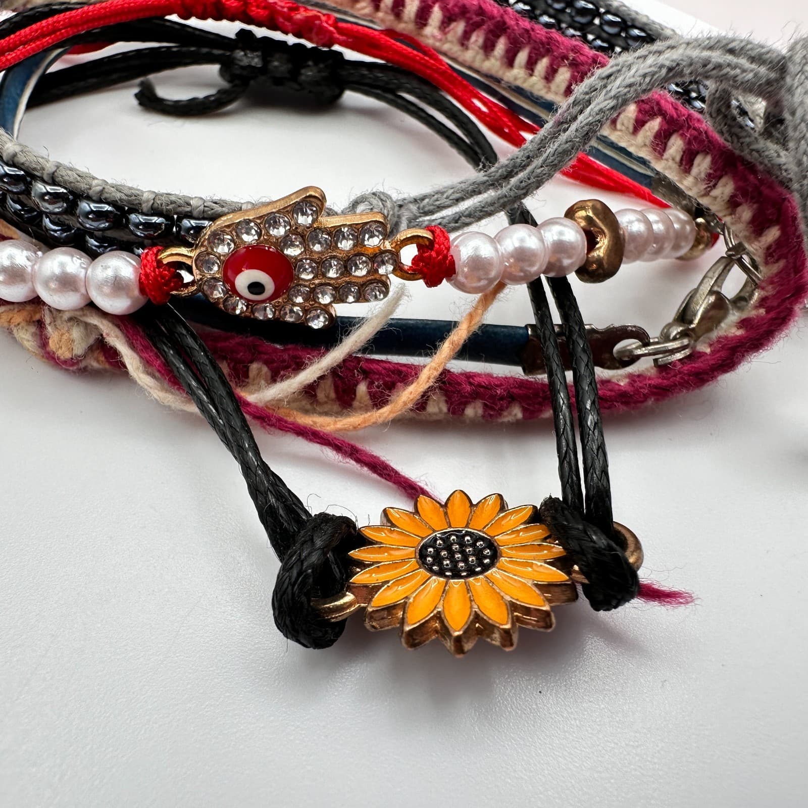 Vintage Y2K Boho Bracelets Set Macrame Hamsa Evil Eye Sunflower Women's Jewelry - Thumbnail 6