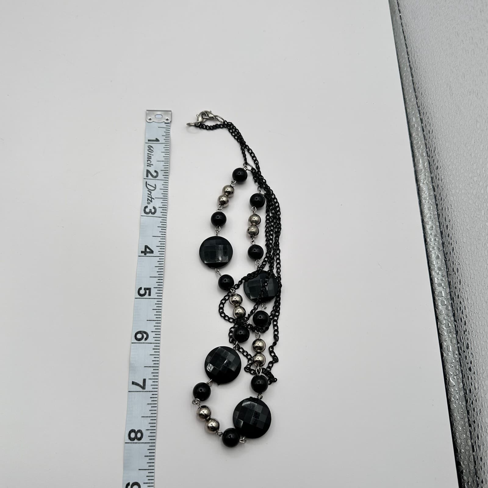 Vintage 90s Double Strand Jet Onyx Faceted Beaded Necklace Silver Tone Jewelry - Thumbnail 8
