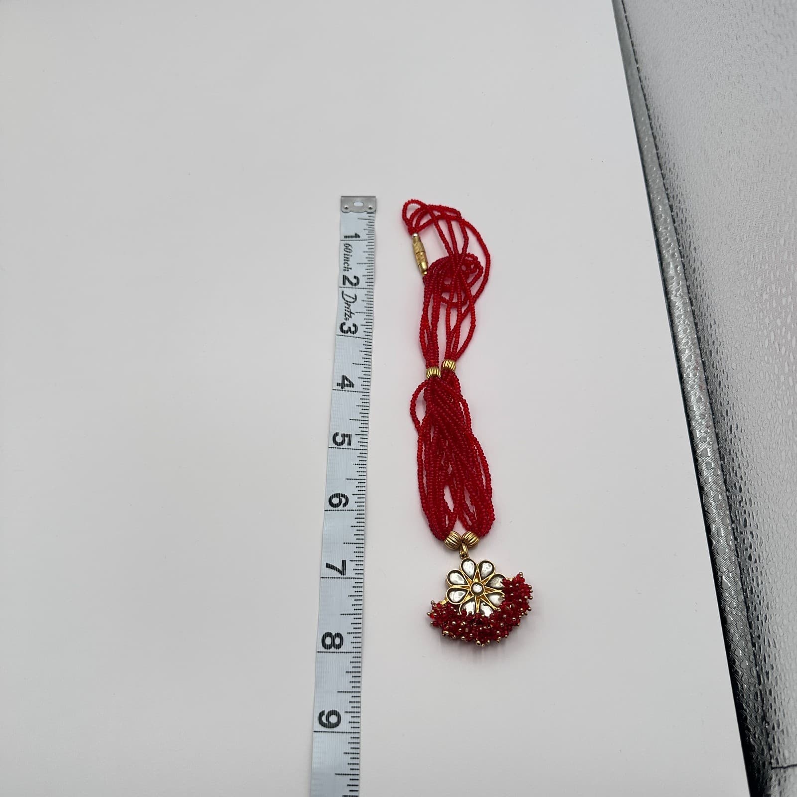 Vintage 90s Gold Tone Multi Strand Beaded Kundan Floral Pendant Necklace Jewelry - Thumbnail 8