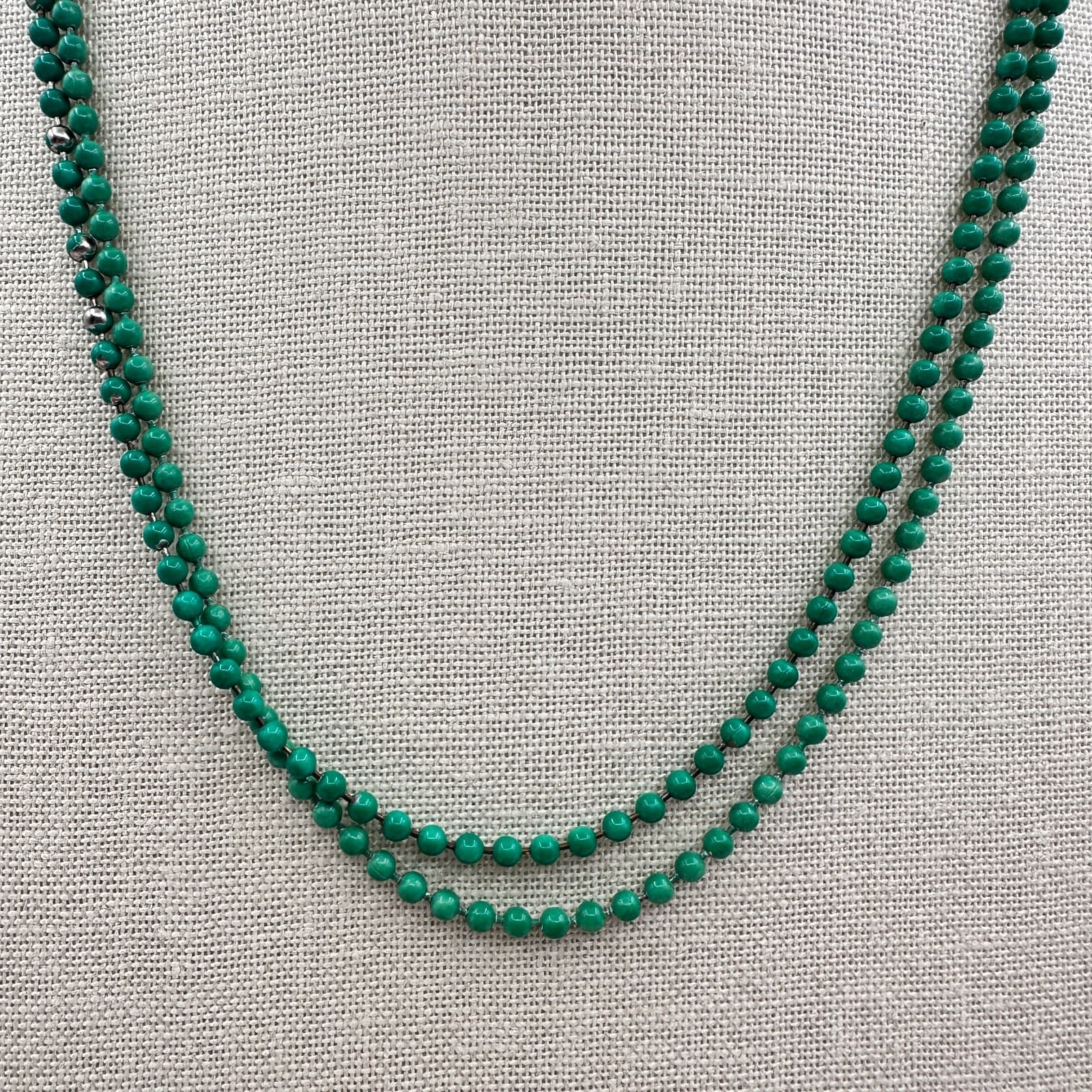 Vintage 90s Emerald Green Beaded Double Strand Necklace Handcrafted Mala Jewelry - Thumbnail 5