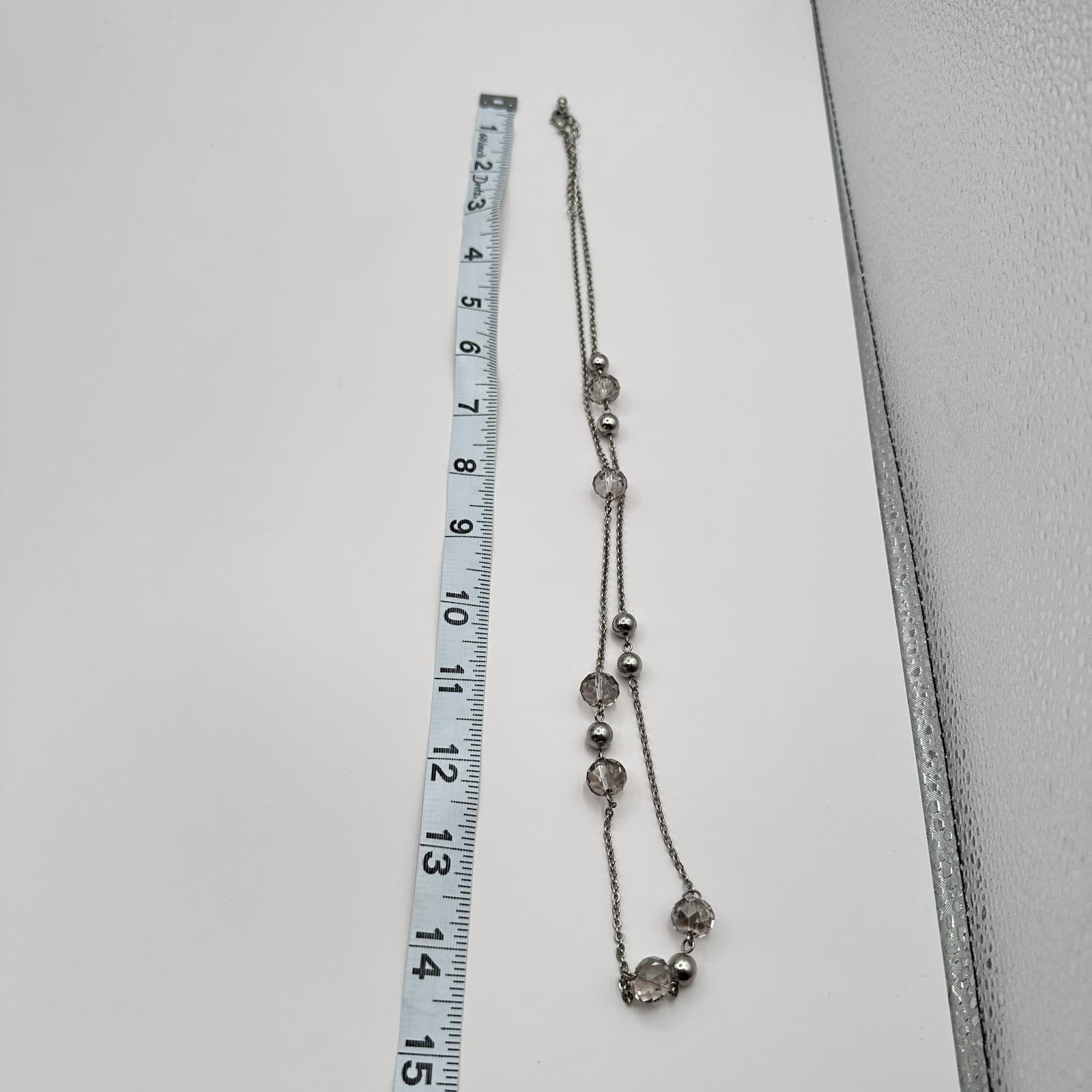 Vintage 90s Smoke Grey Glass Bead Silver Tone Station Necklace Fashion Jewelry - Thumbnail 9