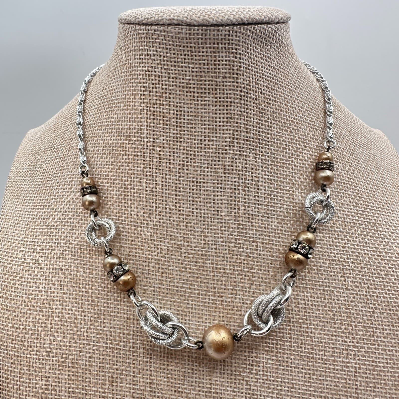Vintage Y2K Silver Tone Faux Pearl Beaded Rhinestone Necklace Statement Jewelry - Thumbnail 6