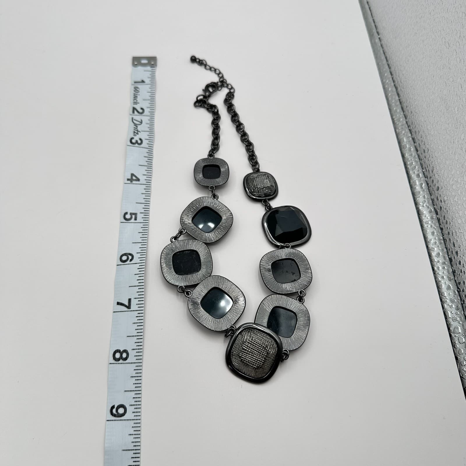 Vintage Y2K Black Faceted Silver Textured Necklace Statement Women's Jewelry - Thumbnail 9
