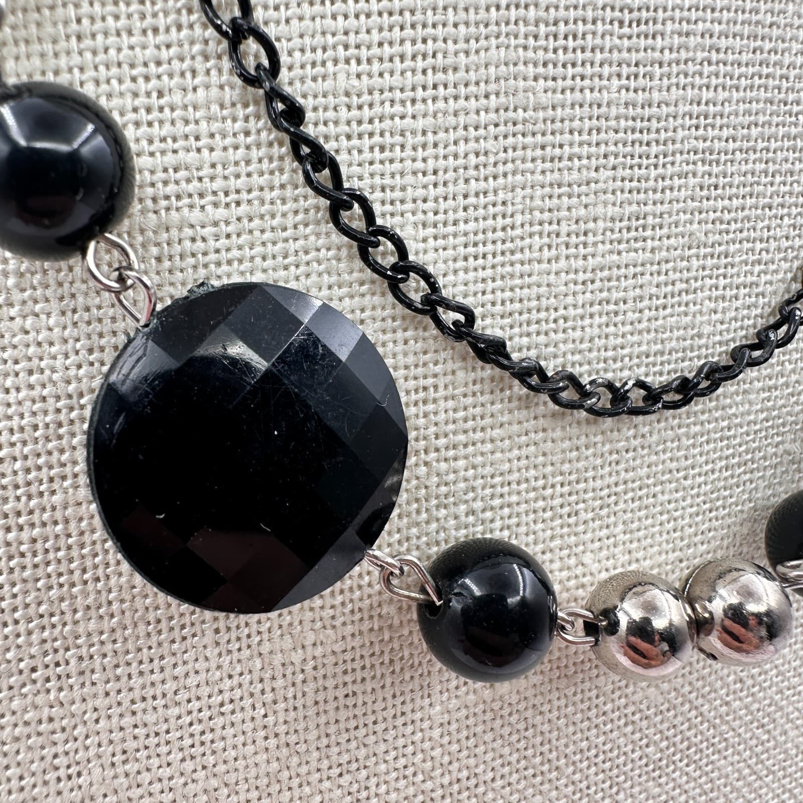 Vintage 90s Double Strand Jet Onyx Faceted Beaded Necklace Silver Tone Jewelry - Thumbnail 5