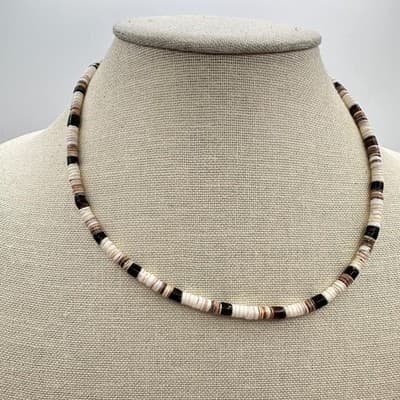 Vintage 80s Tiger Beads & White Black Clam Puka Shell Necklace Surfer Jewelry - Thumbnail 8
