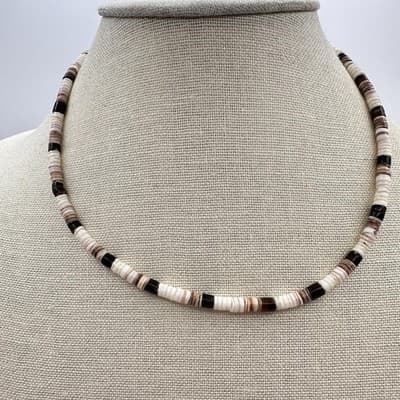 Vintage 80s Tiger Beads & White Black Clam Puka Shell Necklace Surfer Jewelry - Thumbnail 2