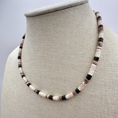 Vintage 80s Tiger Beads & White Black Clam Puka Shell Necklace Surfer Jewelry - Thumbnail 6