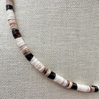 Vintage 80s Tiger Beads & White Black Clam Puka Shell Necklace Surfer Jewelry - Thumbnail 3