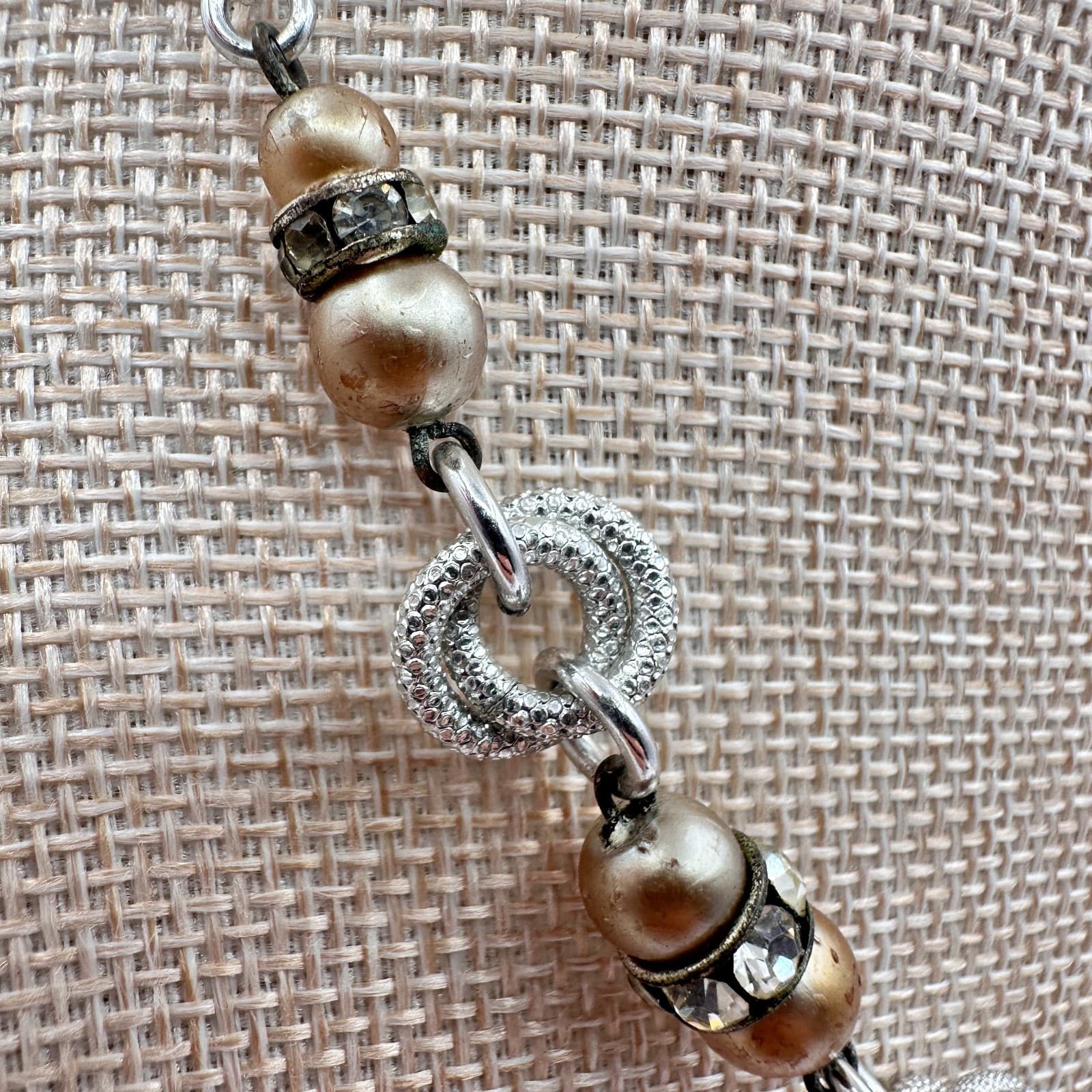 Vintage Y2K Silver Tone Faux Pearl Beaded Rhinestone Necklace Statement Jewelry - Thumbnail 4