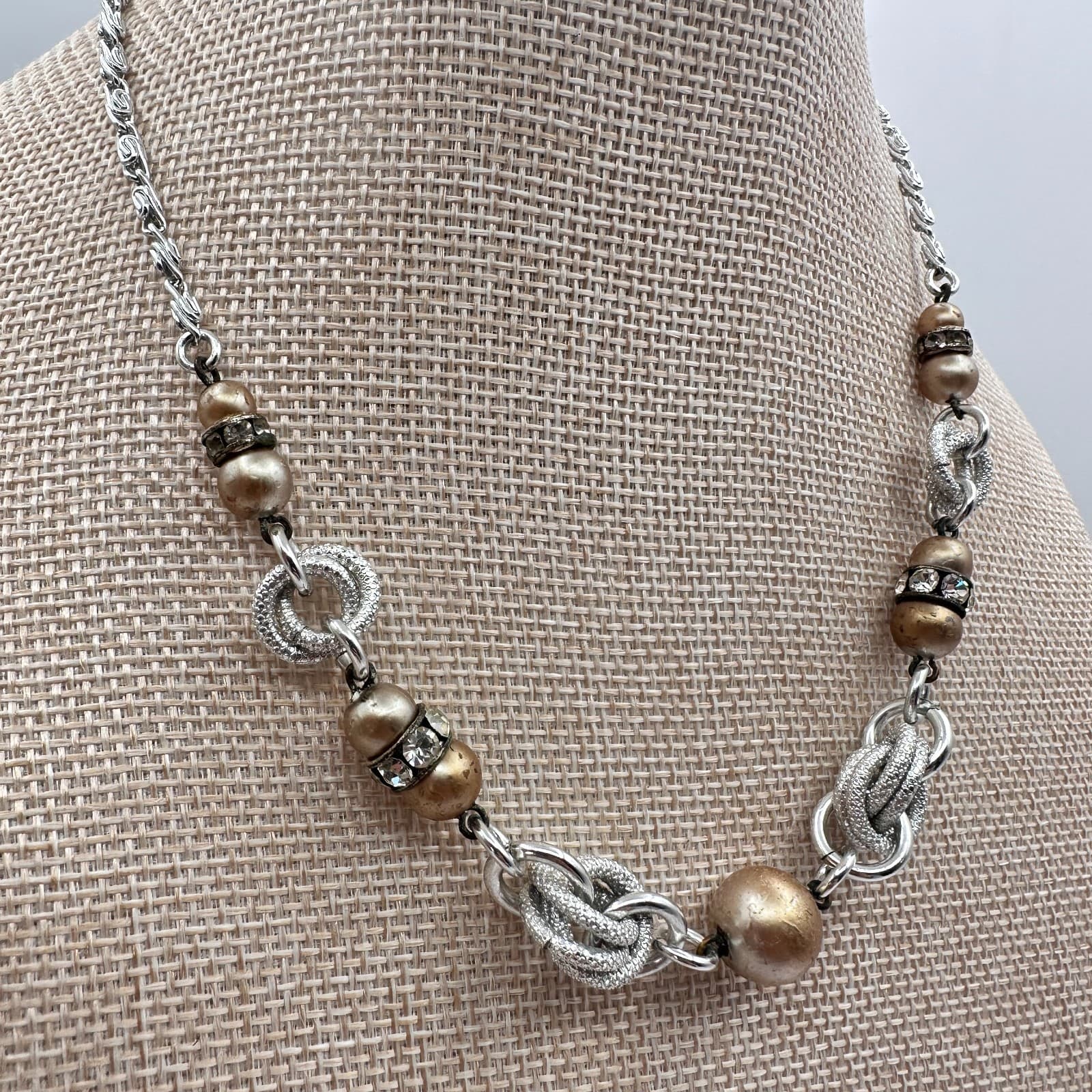 Vintage Y2K Silver Tone Faux Pearl Beaded Rhinestone Necklace Statement Jewelry - Thumbnail 2