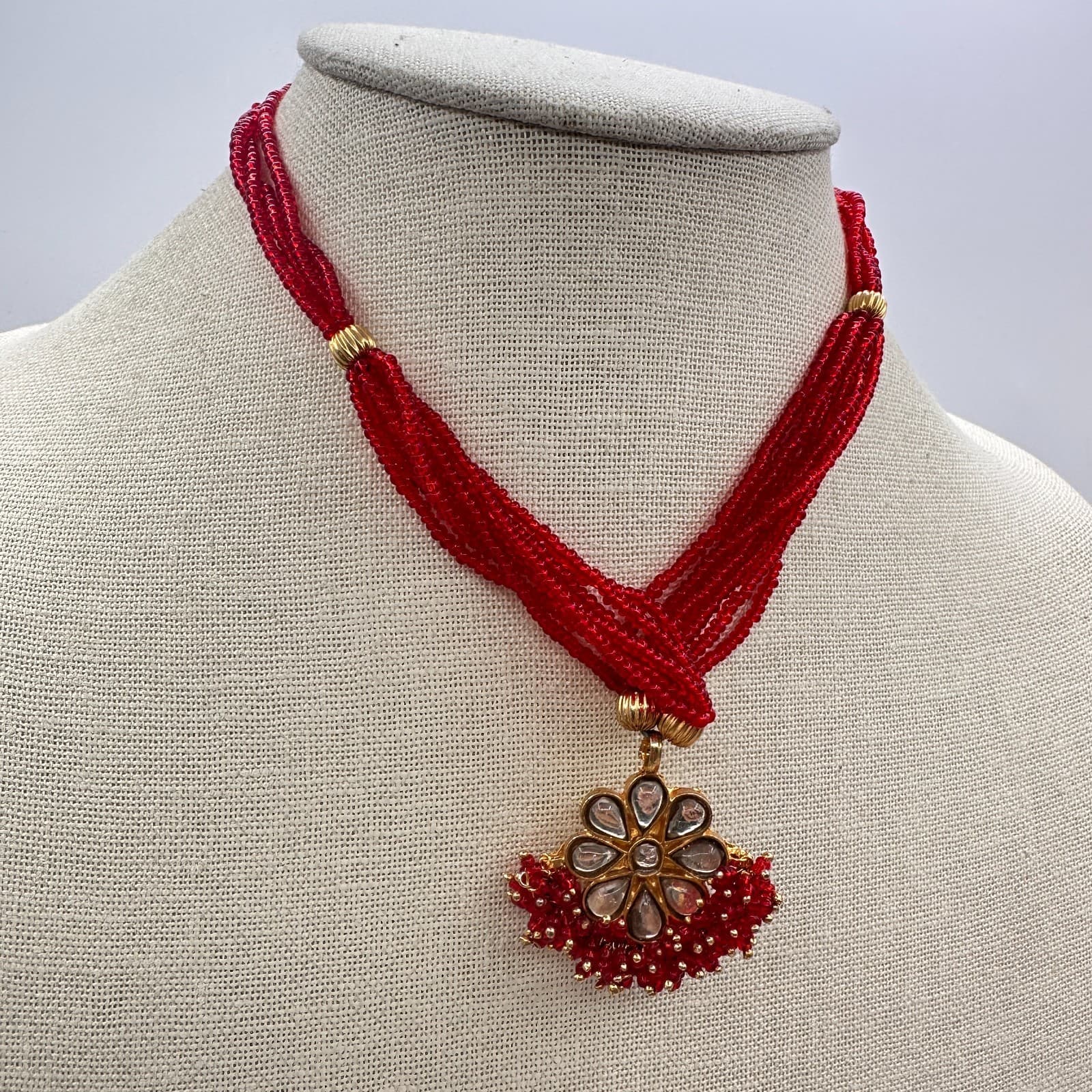 Vintage 90s Gold Tone Multi Strand Beaded Kundan Floral Pendant Necklace Jewelry - Thumbnail 6