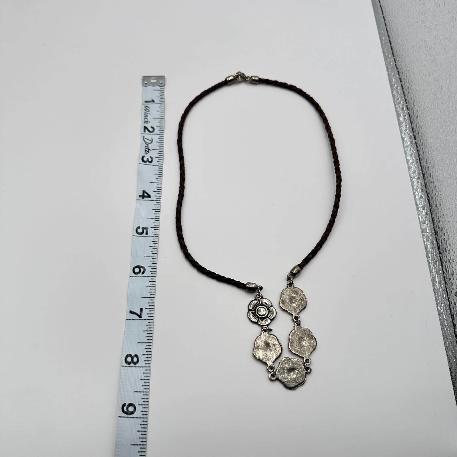 Vintage Y2K Floral Silver Tone Brown Braided Leather Cord Bib Necklace Jewelry - Thumbnail 8