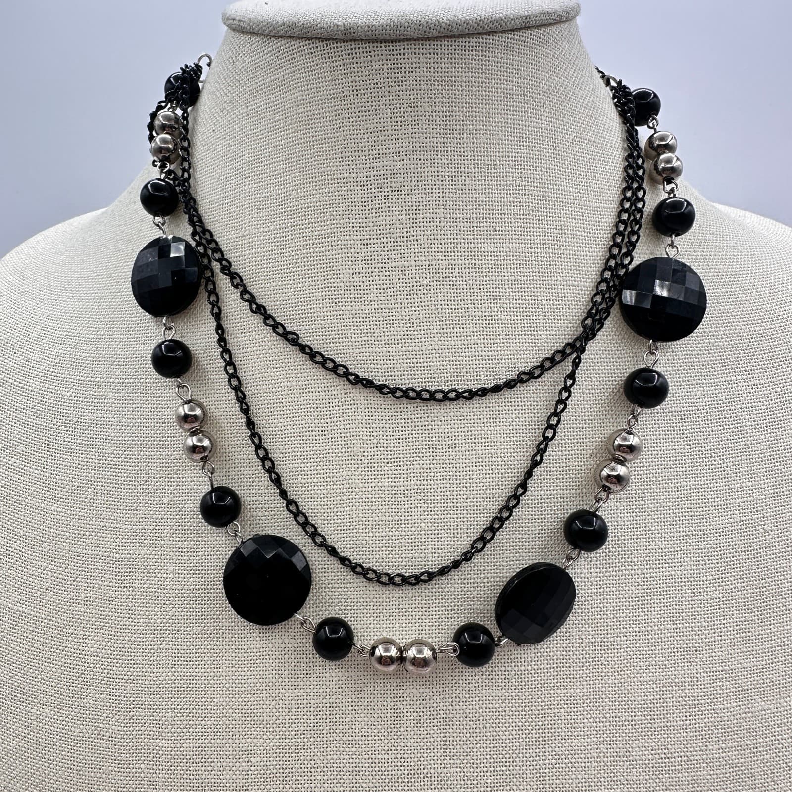 Vintage 90s Double Strand Jet Onyx Faceted Beaded Necklace Silver Tone Jewelry - Thumbnail 6