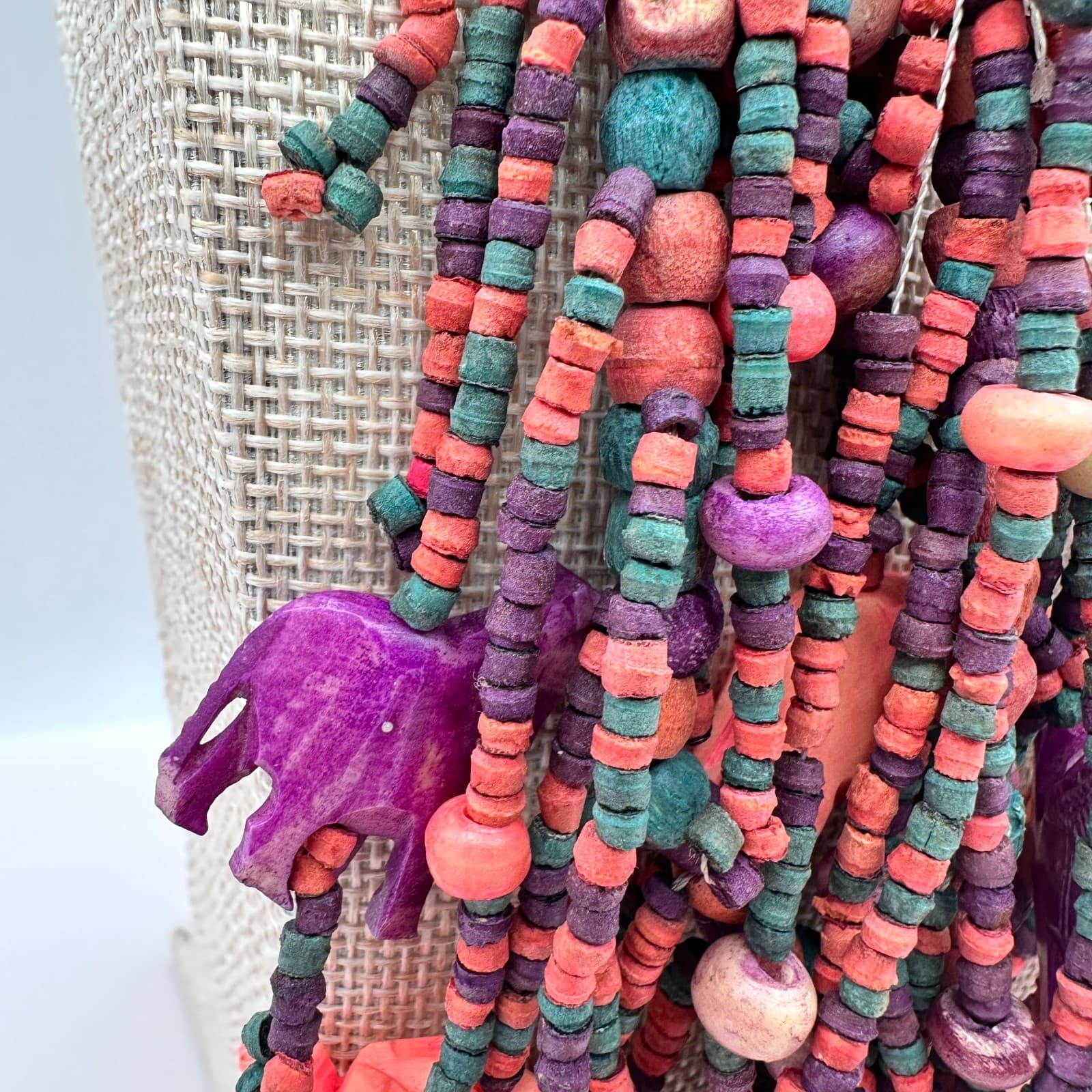 Vintage 70s Multi-Strand Carved Wood Fetish Beaded Statement Necklace Jewelry - Thumbnail 4