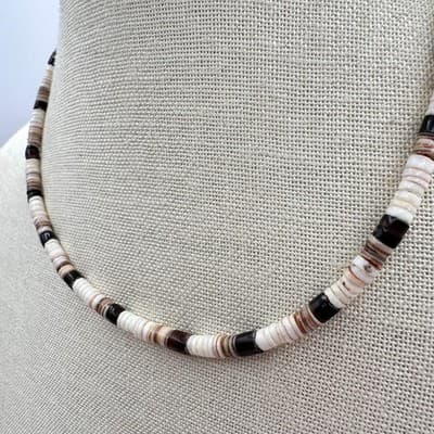 Vintage 80s Tiger Beads & White Black Clam Puka Shell Necklace Surfer Jewelry - Thumbnail 5