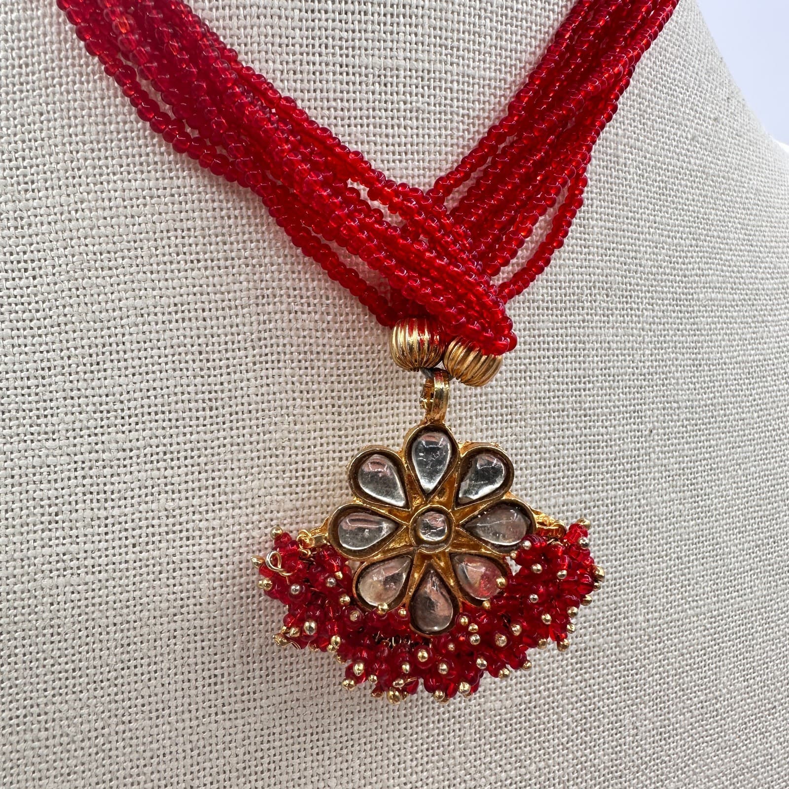 Vintage 90s Gold Tone Multi Strand Beaded Kundan Floral Pendant Necklace Jewelry - Thumbnail 7