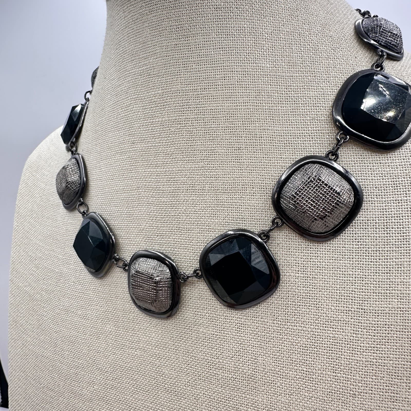 Vintage Y2K Black Faceted Silver Textured Necklace Statement Women's Jewelry - Thumbnail 5