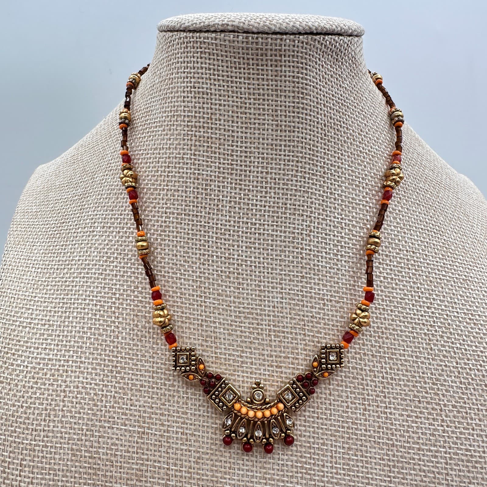 Vintage Y2K Gold Tone Rhinestone Seed Beaded Necklace Boho Women's Jewelry - Thumbnail 7