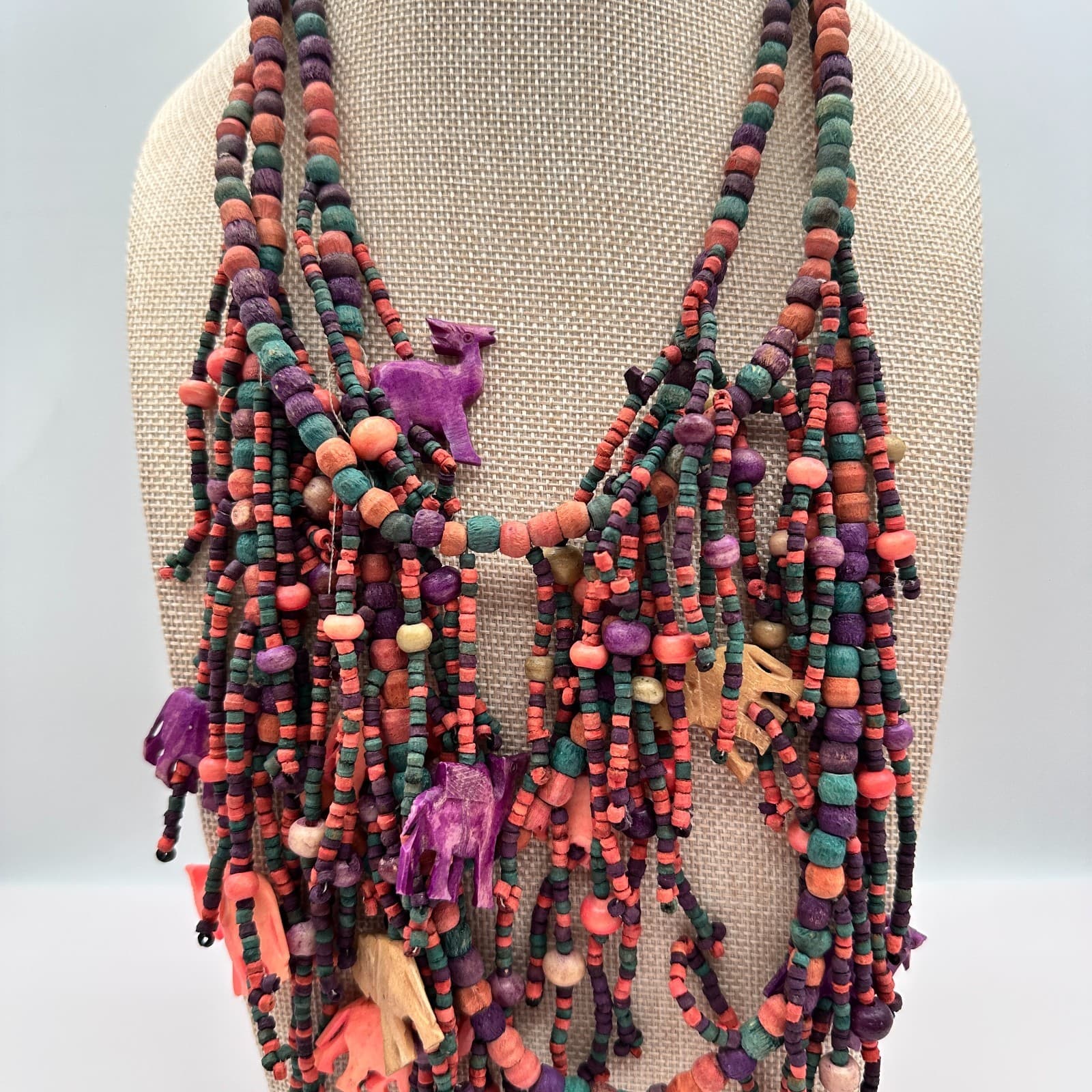 Vintage 70s Multi-Strand Carved Wood Fetish Beaded Statement Necklace Jewelry - Thumbnail 2
