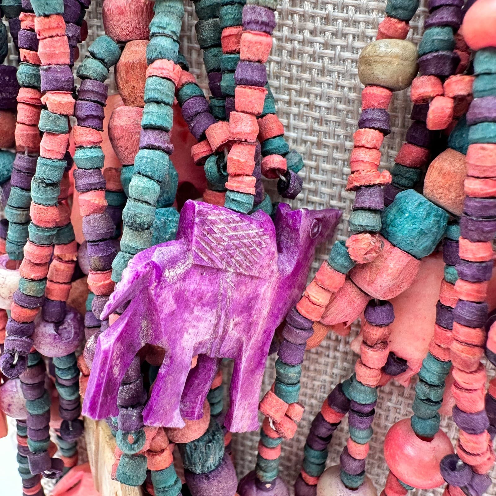 Vintage 70s Multi-Strand Carved Wood Fetish Beaded Statement Necklace Jewelry - Thumbnail 6