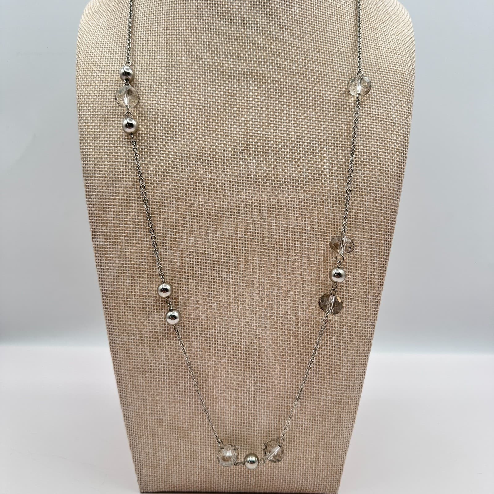 Vintage 90s Smoke Grey Glass Bead Silver Tone Station Necklace Fashion Jewelry - Thumbnail 2