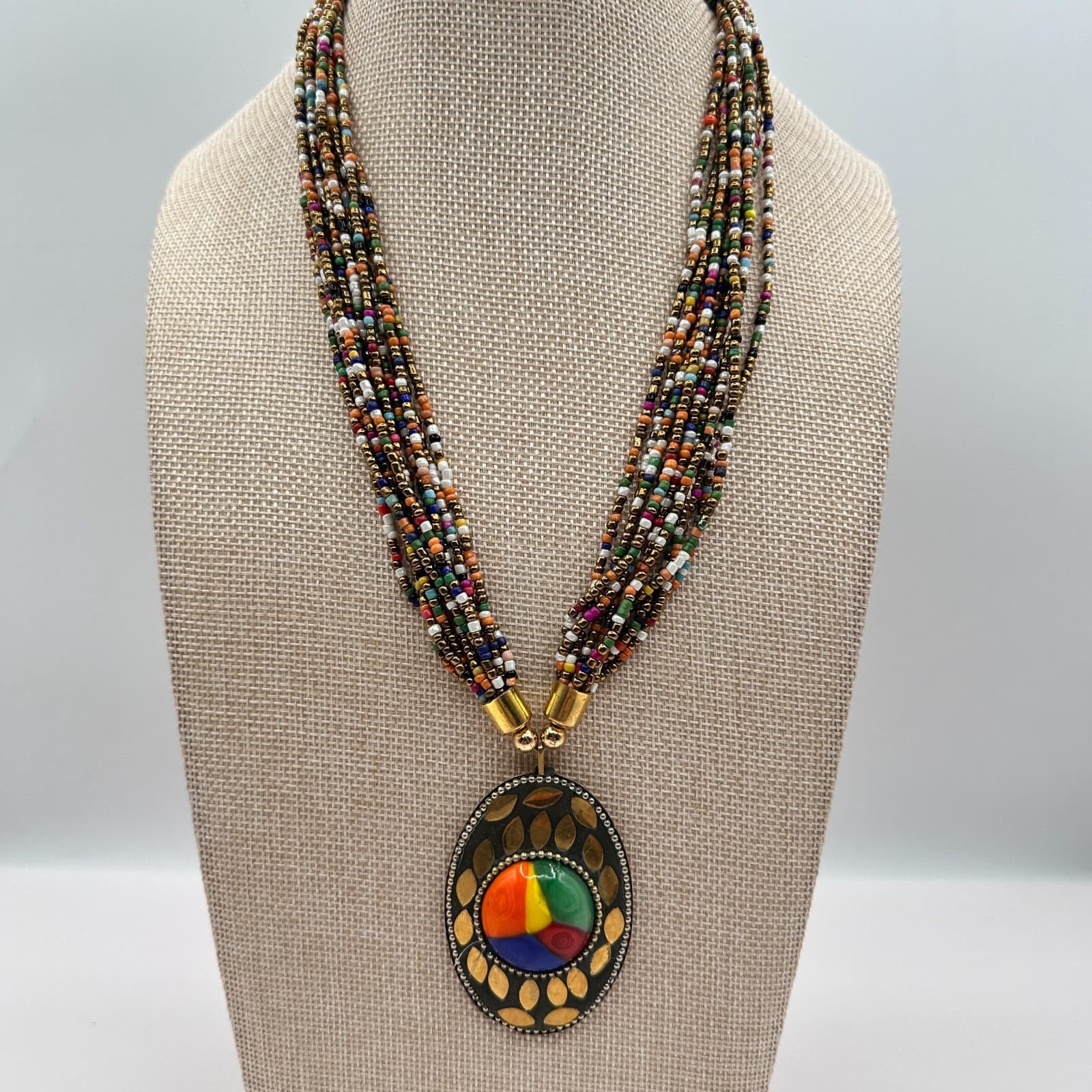 Vintage 80s Ethnic MultiStrand Seed Bead Necklace Tribal Brass Statement Jewelry