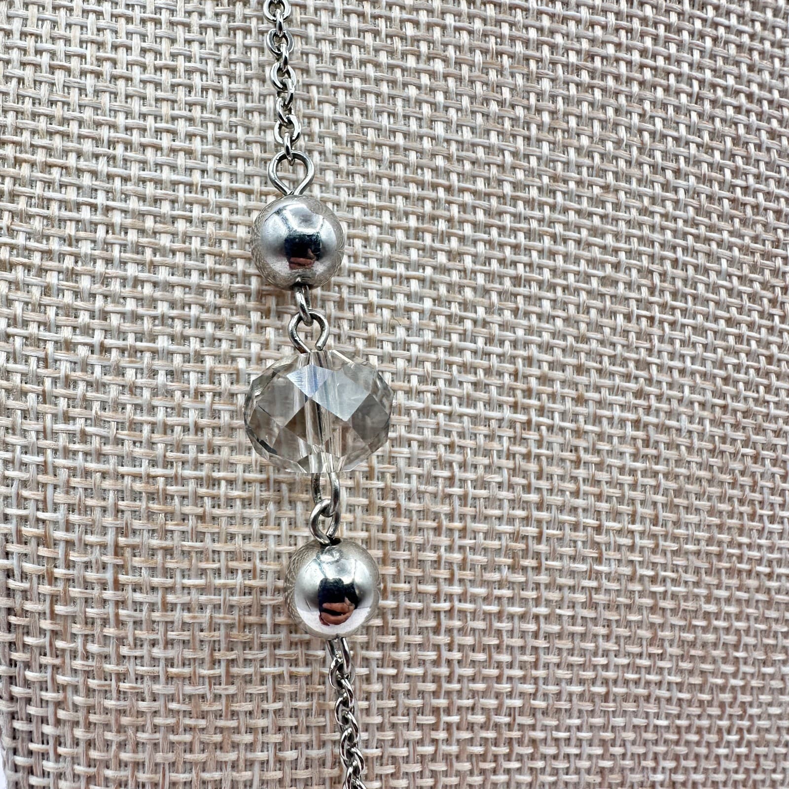 Vintage 90s Smoke Grey Glass Bead Silver Tone Station Necklace Fashion Jewelry - Thumbnail 3