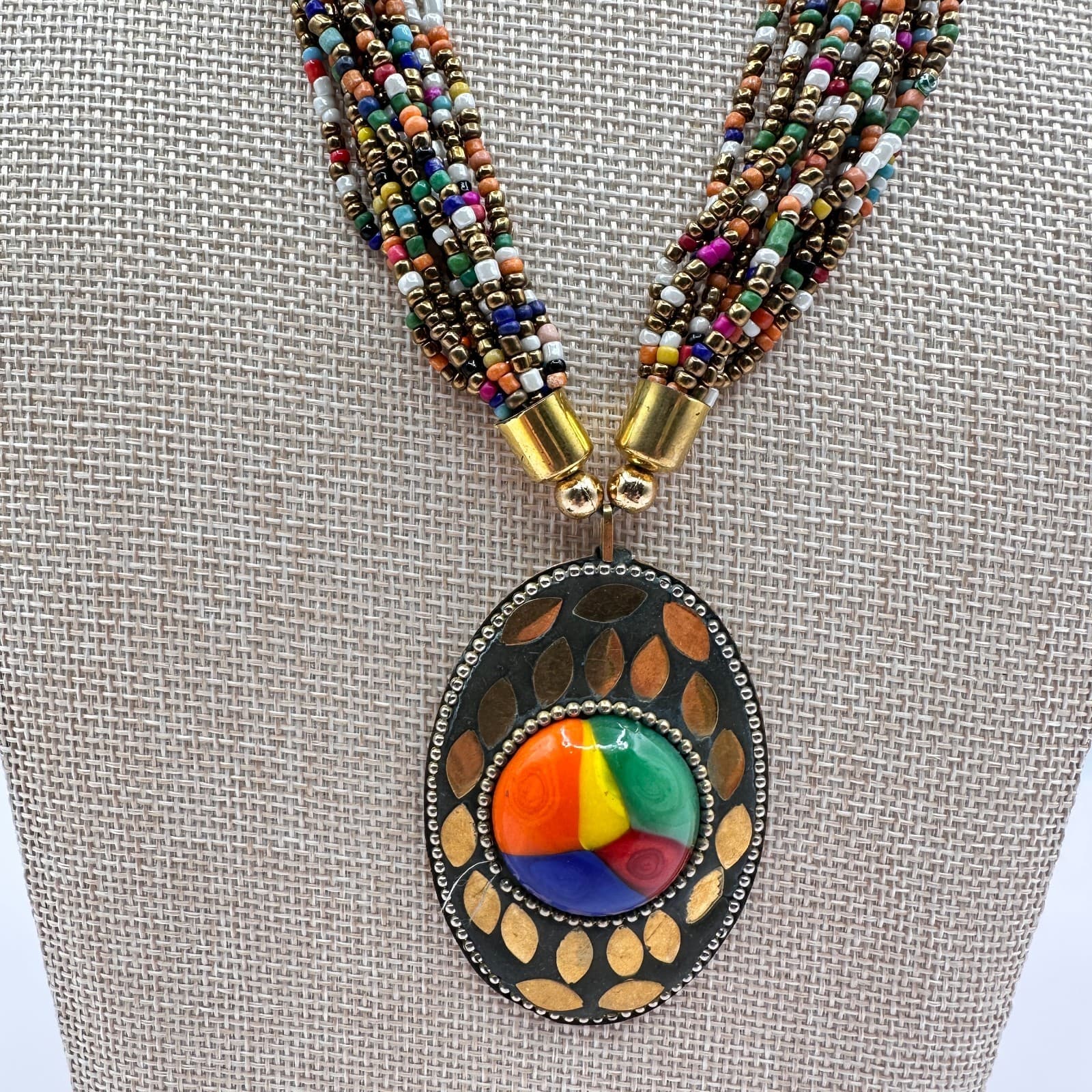 Vintage 80s Ethnic MultiStrand Seed Bead Necklace Tribal Brass Statement Jewelry - Thumbnail 4