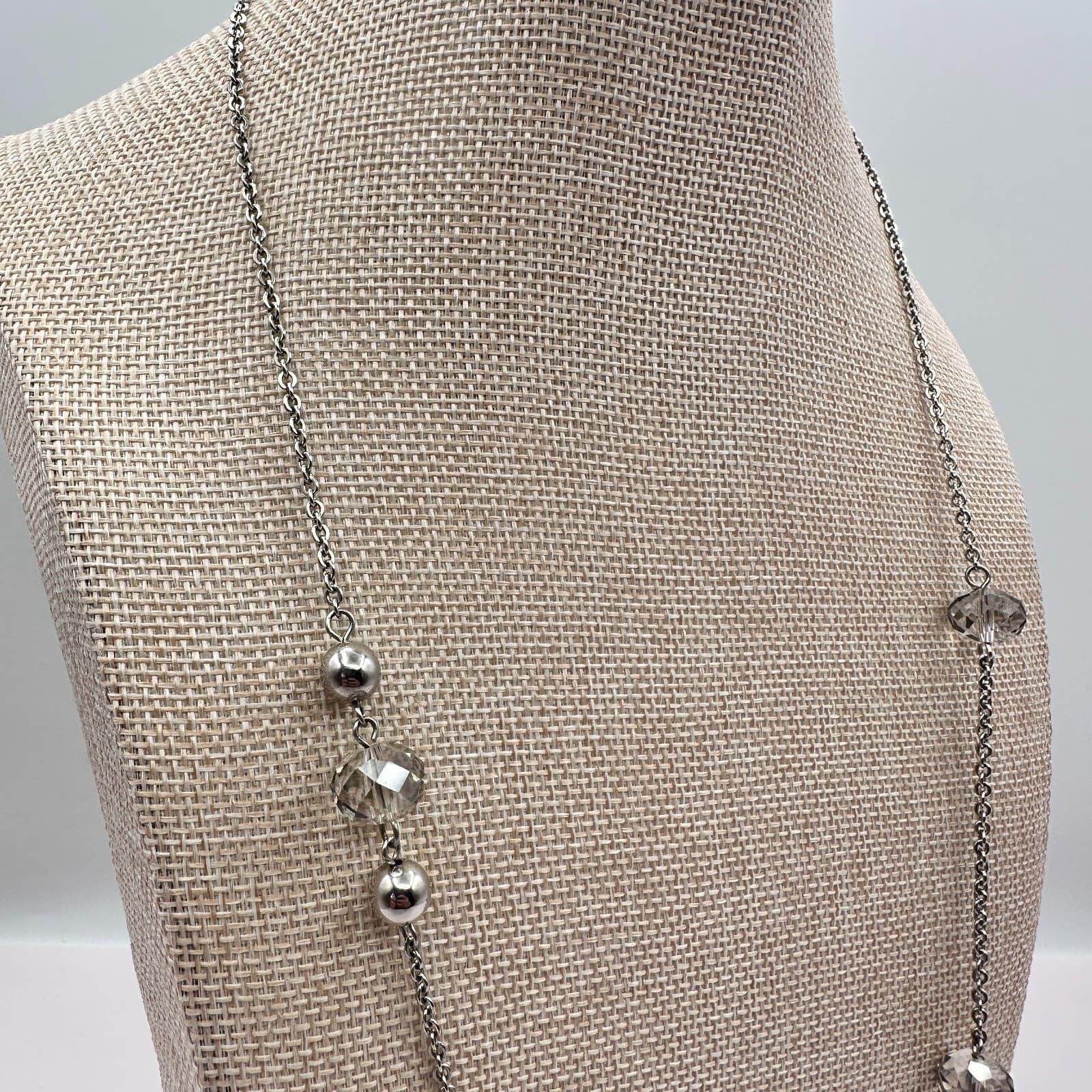Vintage 90s Smoke Grey Glass Bead Silver Tone Station Necklace Fashion Jewelry - Thumbnail 5