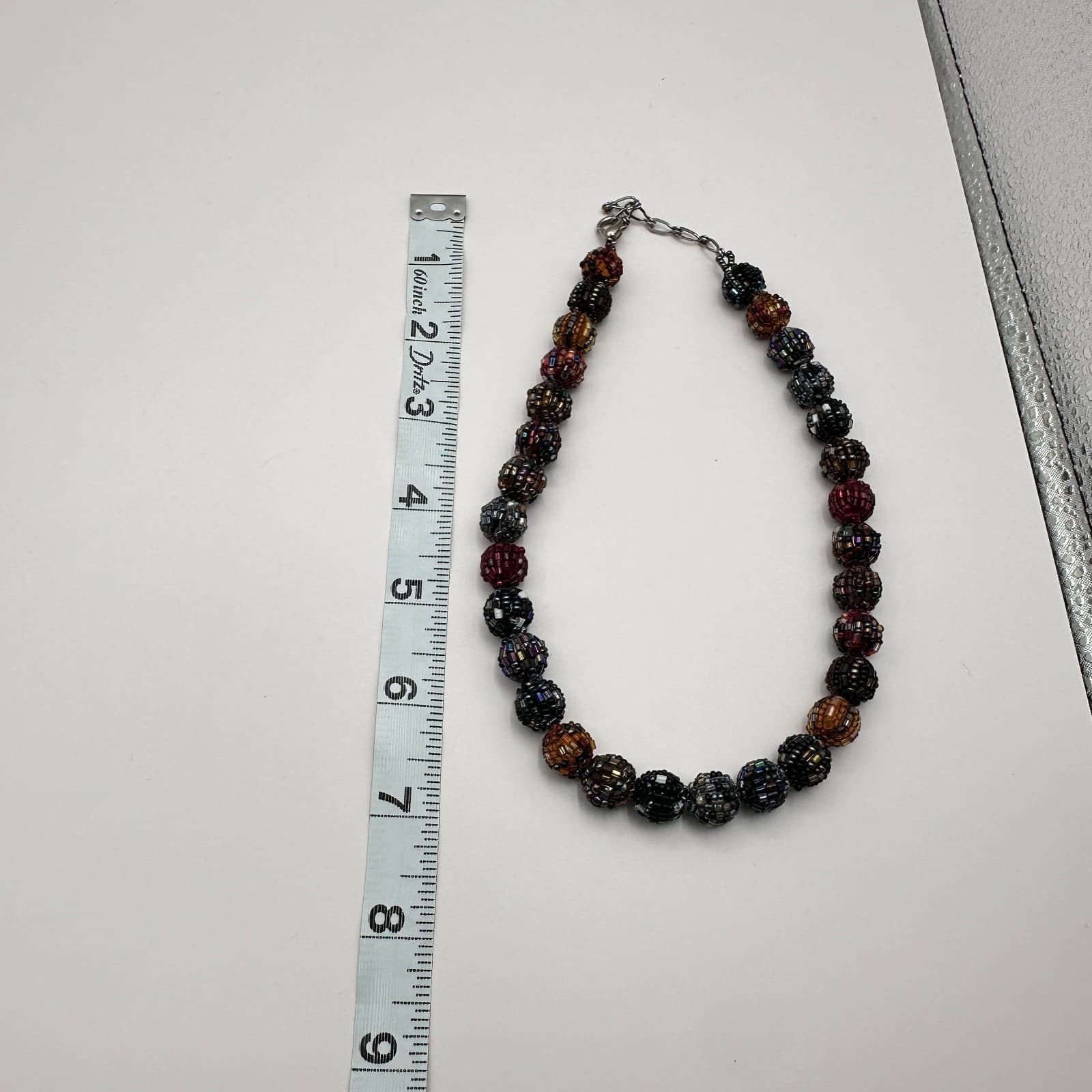 Vintage 80s MultiColor Bead Crochet Ball Necklace Chic Beaded Choker Jewelry - Thumbnail 8