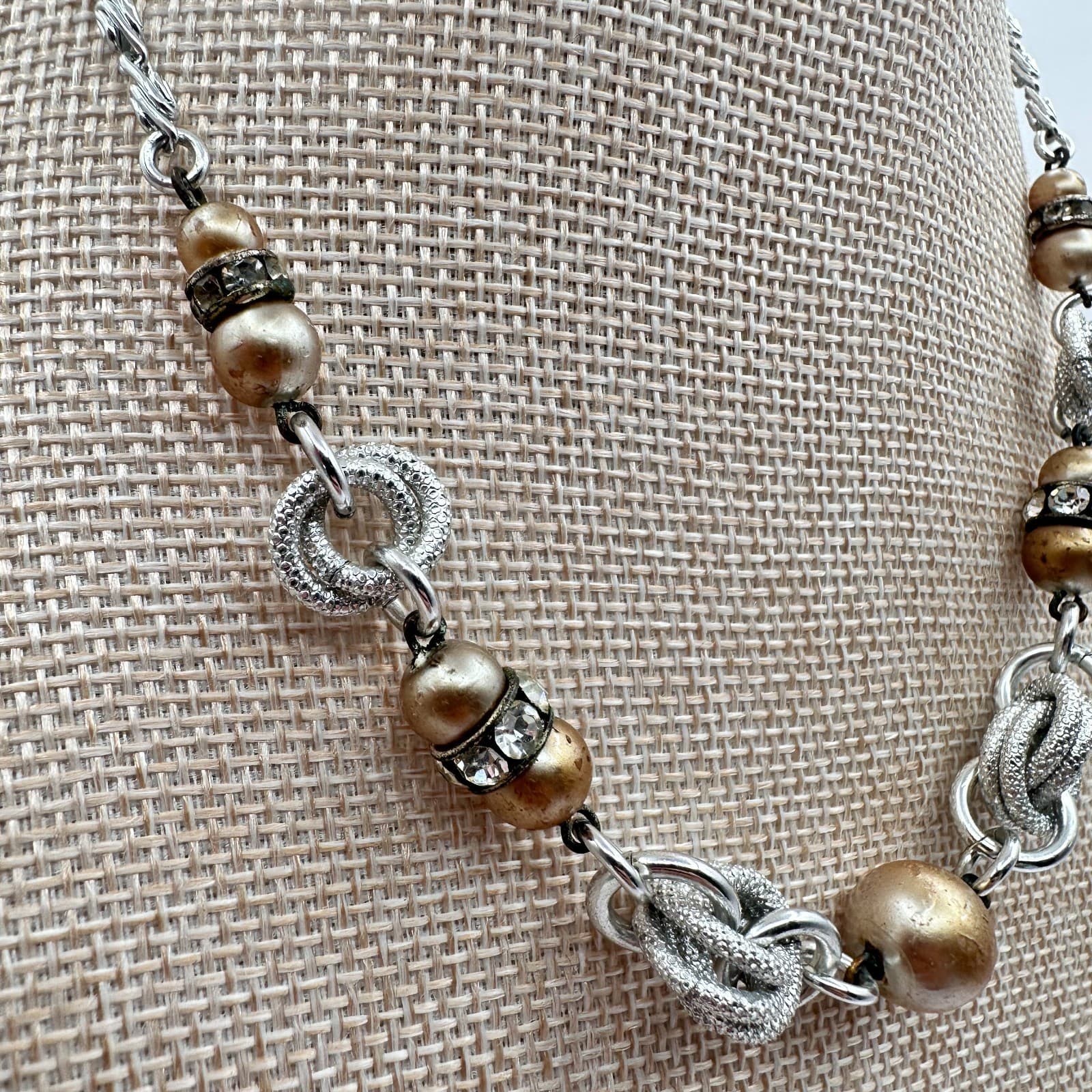 Vintage Y2K Silver Tone Faux Pearl Beaded Rhinestone Necklace Statement Jewelry - Thumbnail 3